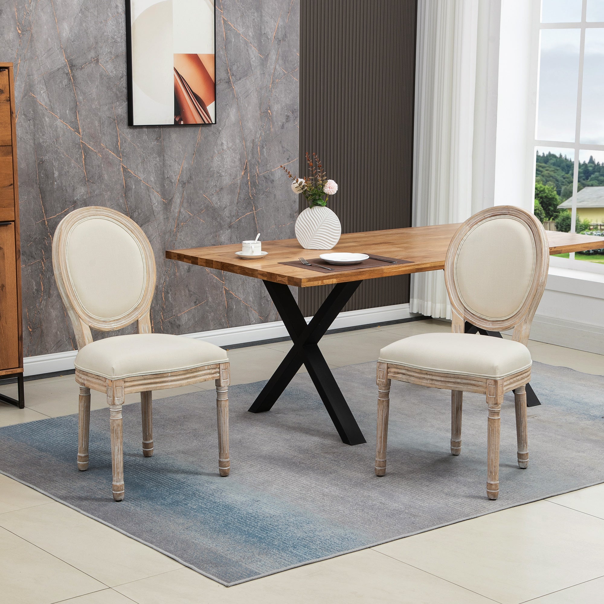 HOMCOM Set of Two French-Inspired Wooden Dining Chairs - Cream - North Peak Garden Furniture