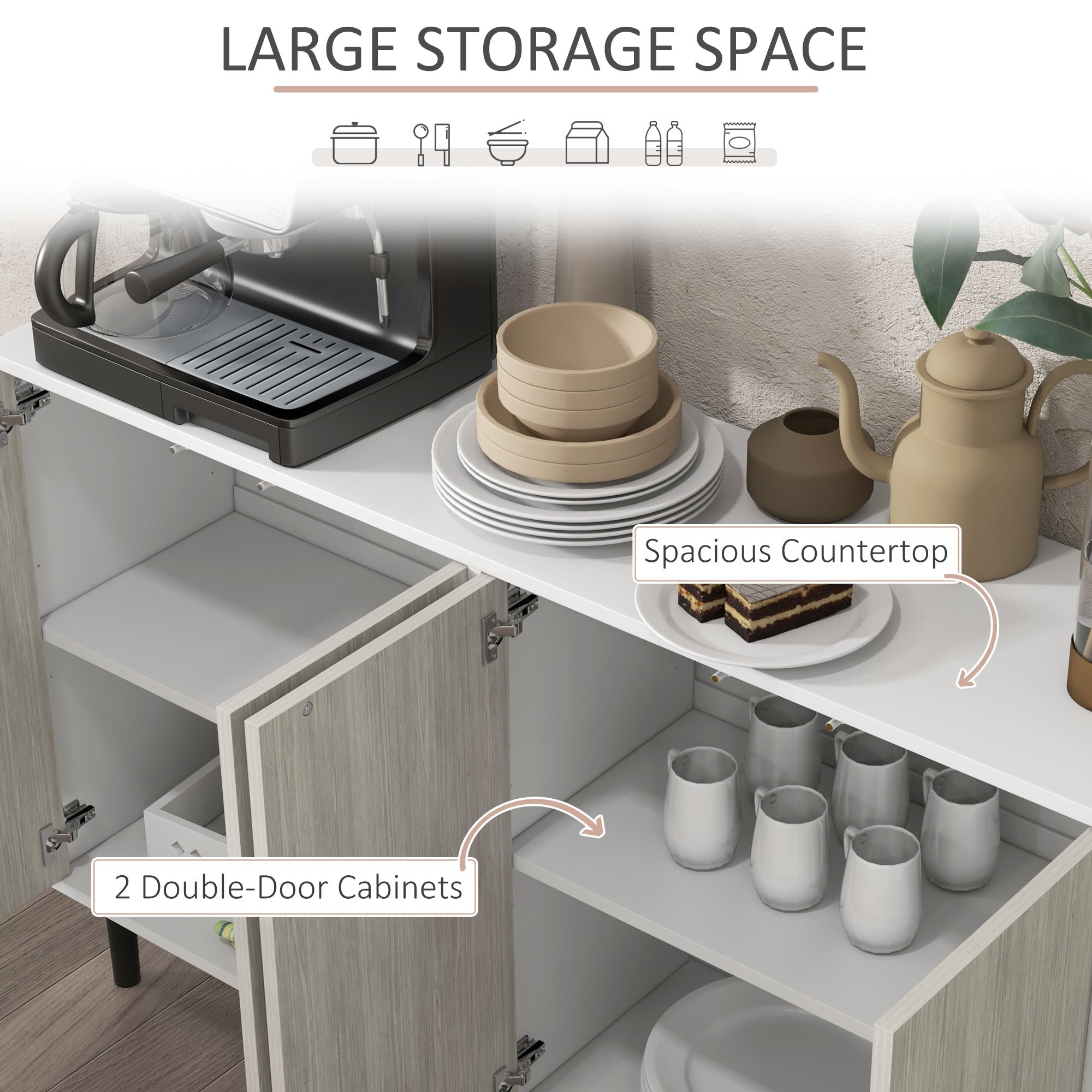 HOMCOM Kitchen Sideboard Storage Cabinet for Living Room with Adjustable Shelves 4 Doors and Pine Wood Legs White - North Peak Garden Furniture