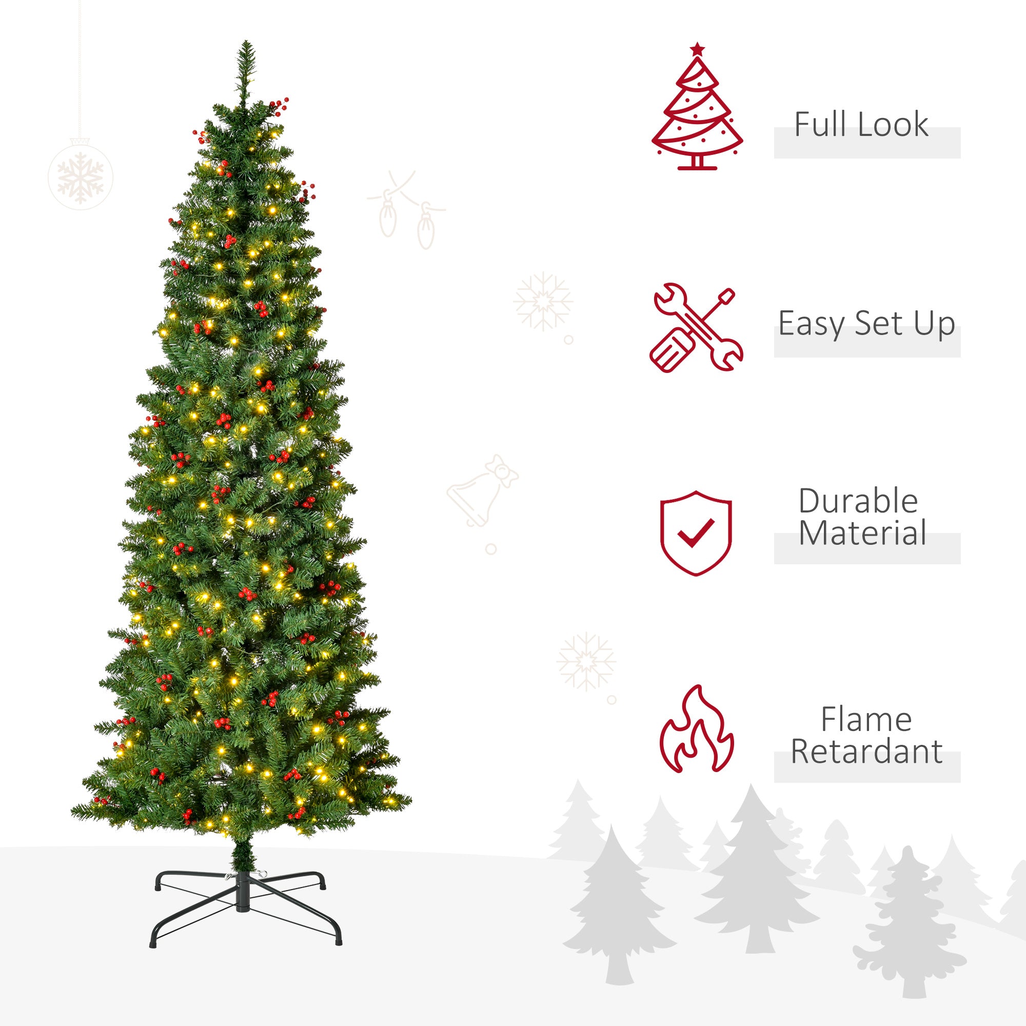 HOMCOM 7FT Prelit Artificial Pencil Christmas Tree with Warm White LED Light, Red Berry, Holiday Home Xmas Decoration, Green - North Peak Garden Furniture