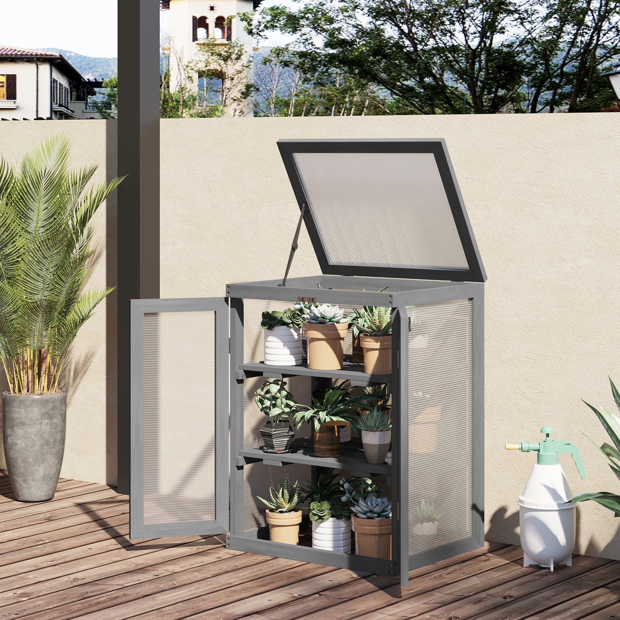 Outsunny 3-tier Wood Greenhouse Garden Polycarbonate Cold Frame Balcony Grow House w/ Storage Shelf for Plants, Flowers, Dark Grey - North Peak Garden Furniture