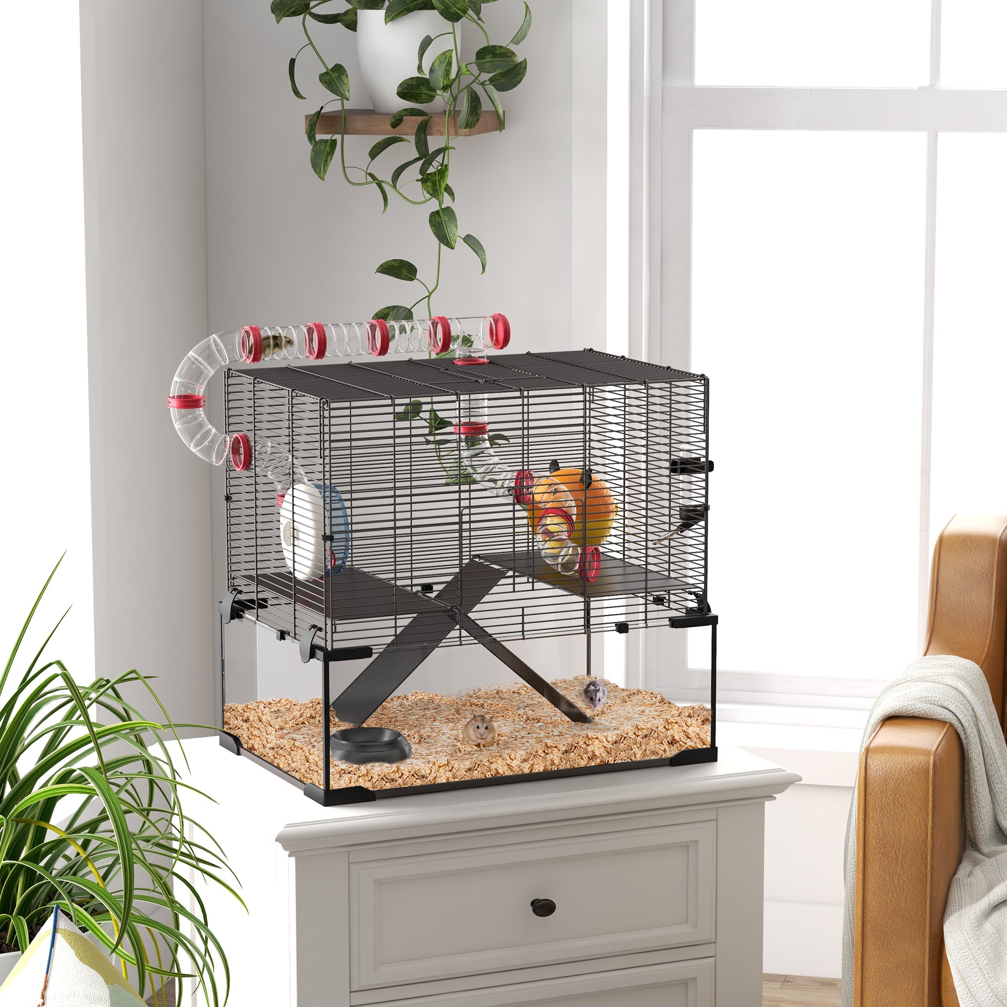 PawHut Gerbil Cage Dwarf Hamster Cage, with Deep Glass Bottom, Tunnels, Hut, Exercise Wheel, 60 x 40 x 57cm - North Peak Garden Furniture