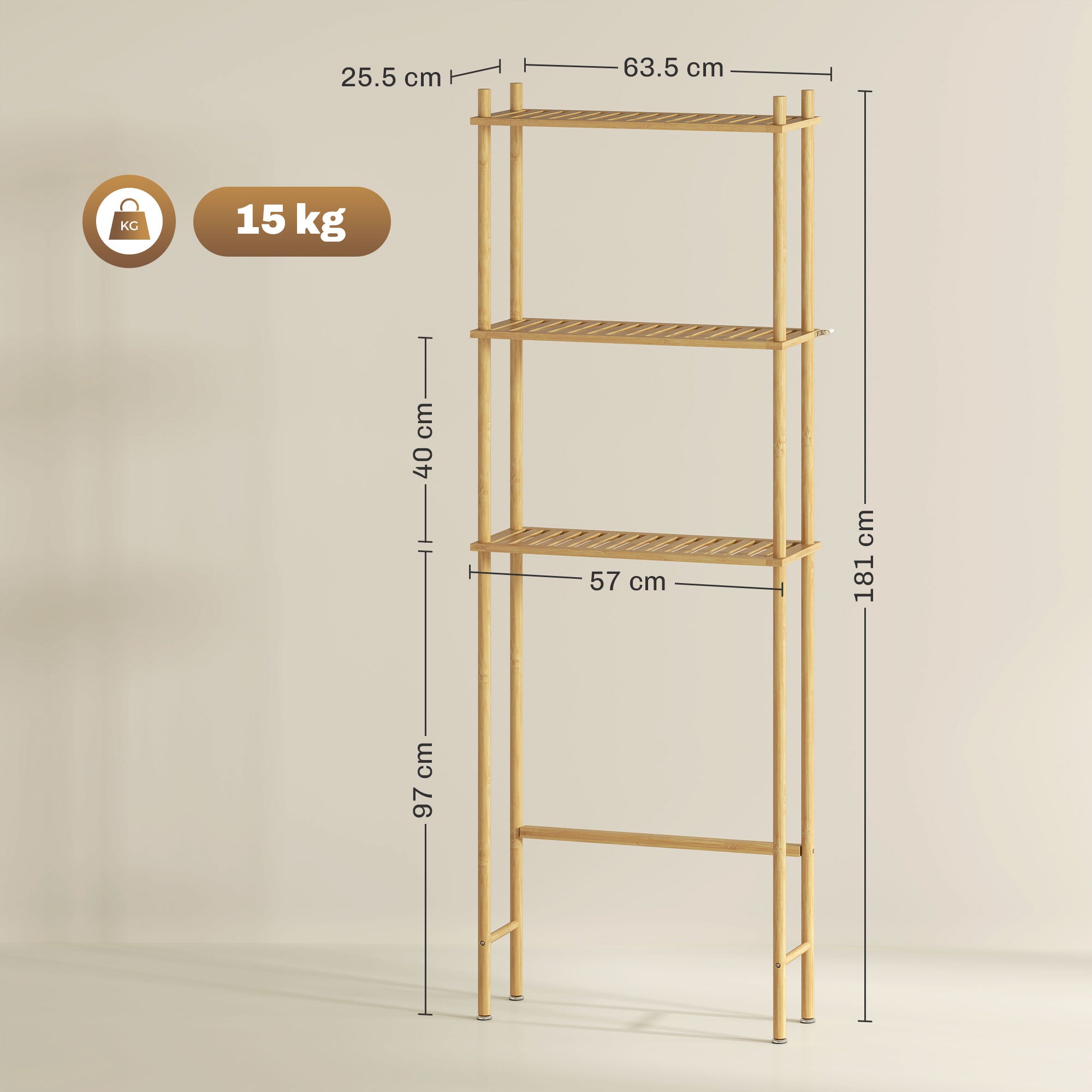 HOMCOM Bamboo Over Toilet Storage Unit with 3 Slatted Shelves, 3-Tier Freestanding Bathroom Shelf, Bathroom Space Saver, Natural Wood Finish - North Peak Garden Furniture