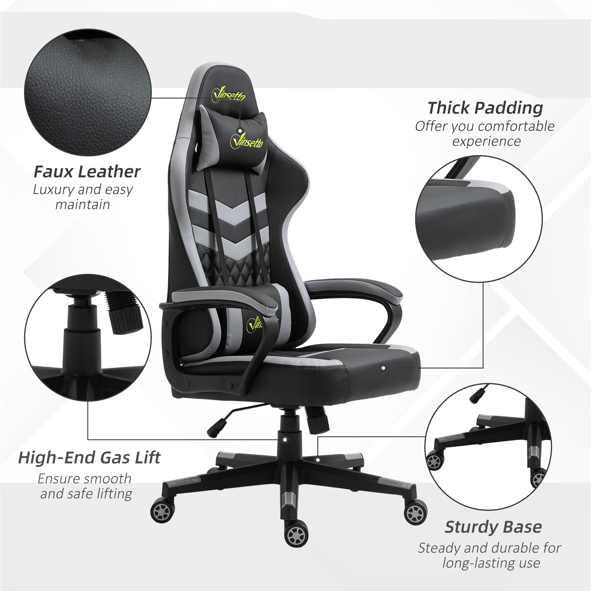 Vinsetto Gaming Chair, Computer Desk Chair with Lumbar Support, Faux Leather Racing Chair with Headrest and Swivel Wheels for Home Office, Black Grey - North Peak Garden Furniture