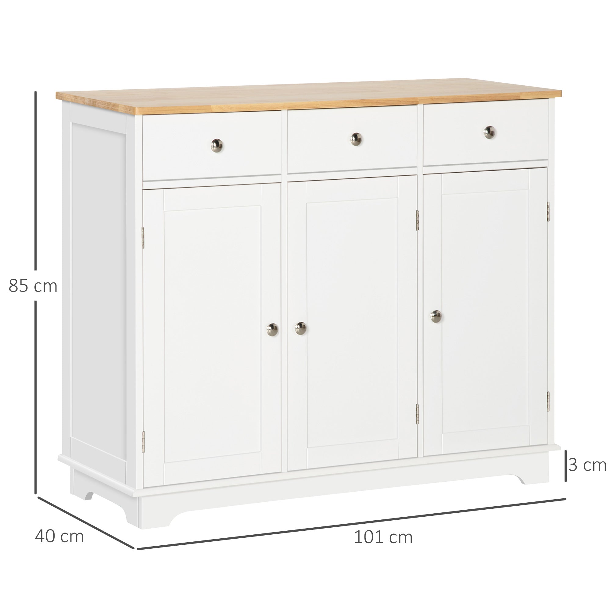 HOMCOM Modern Sideboard with Rubberwood Top, Buffet Cabinet with Storage Cabinets, Drawers and Adjustable Shelves for Living Room, Kitchen, White - North Peak Garden Furniture