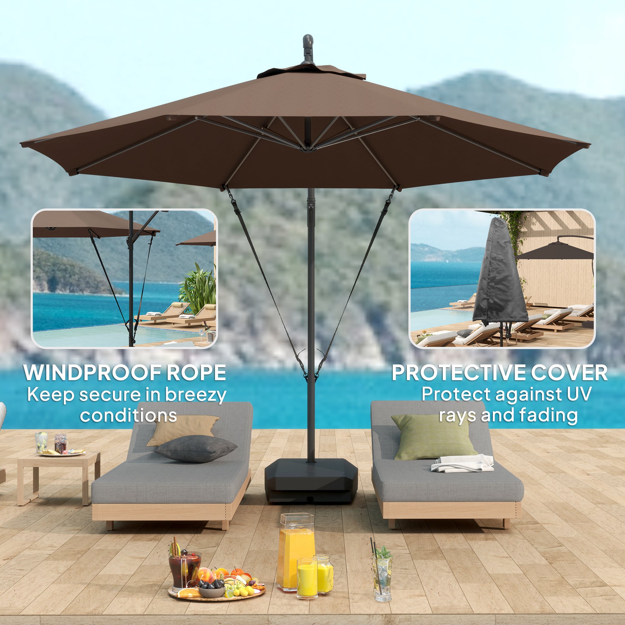 Outsunny 3(m) Garden Cantilever Parasol with Fillable Base up to 90kg, Wind Protection Strap, Cover, Round Banana Hanging Umbrella with Crank Handle and Tilt, UPF50+ Patio Umbrella, Brown