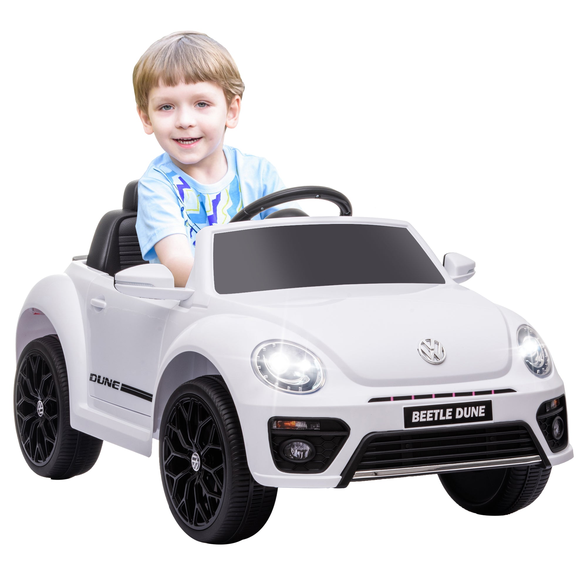 AIYAPLAY Volkswagen Beetle Licensed 12V Ride on Car w/ Remote Control, Suspension Wheels, Soft Start, Lights, Music, White - North Peak Garden Furniture