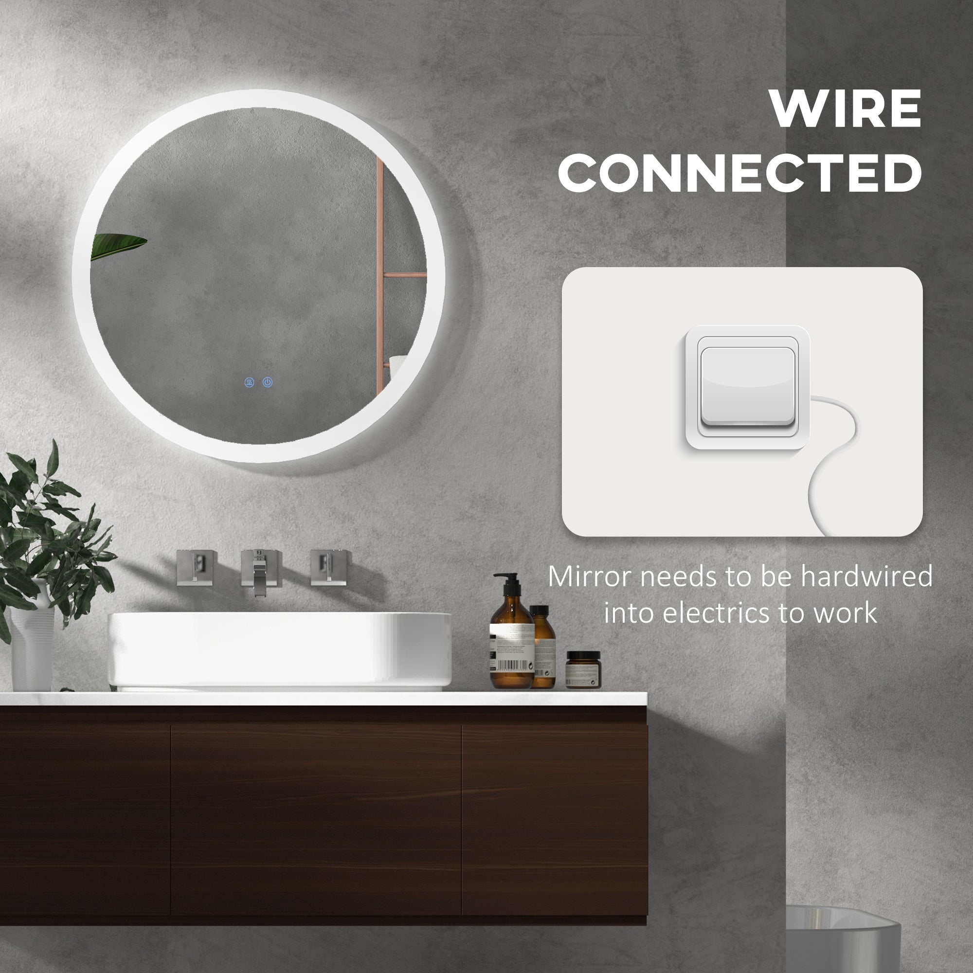 kleankin Round Bathroom Mirror with LED Lights, Wall-Mounted Dimmable Makeup Mirror with 3 Temperature Colours, Defogging Film, Memory Function, Hardwired, 60 x 60 cm - North Peak Garden Furniture
