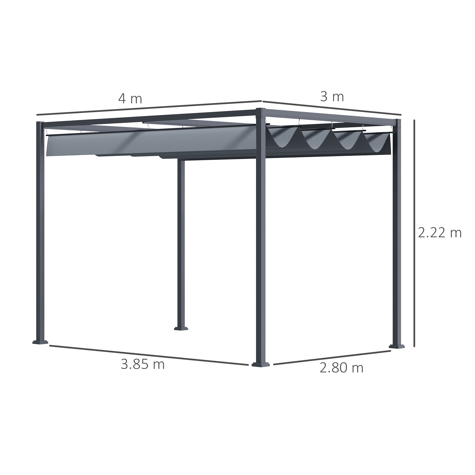 Outsunny 4 x 3(m) Metal Outdoor Pergola with Retractable Roof, Outdoor Gazebo Canopy Shelter with Drainage Holes for Garden, Patio, Lawn, Grey - North Peak Garden Furniture