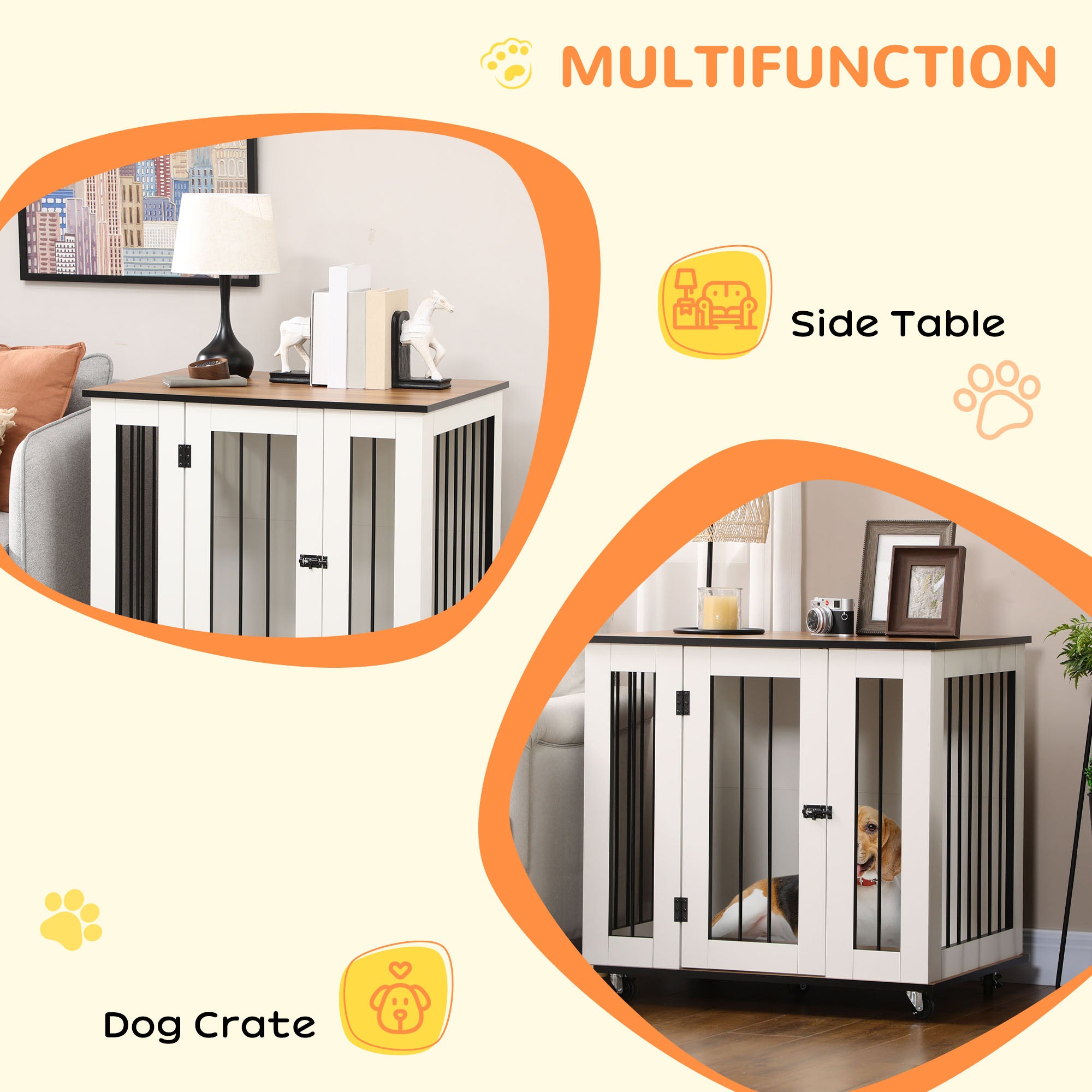 PawHut Dog Crate Furniture, Dog Cage End Table, with Wheels, for Medium Dogs, 80 x 60 x 76.5cm - White - North Peak Garden Furniture