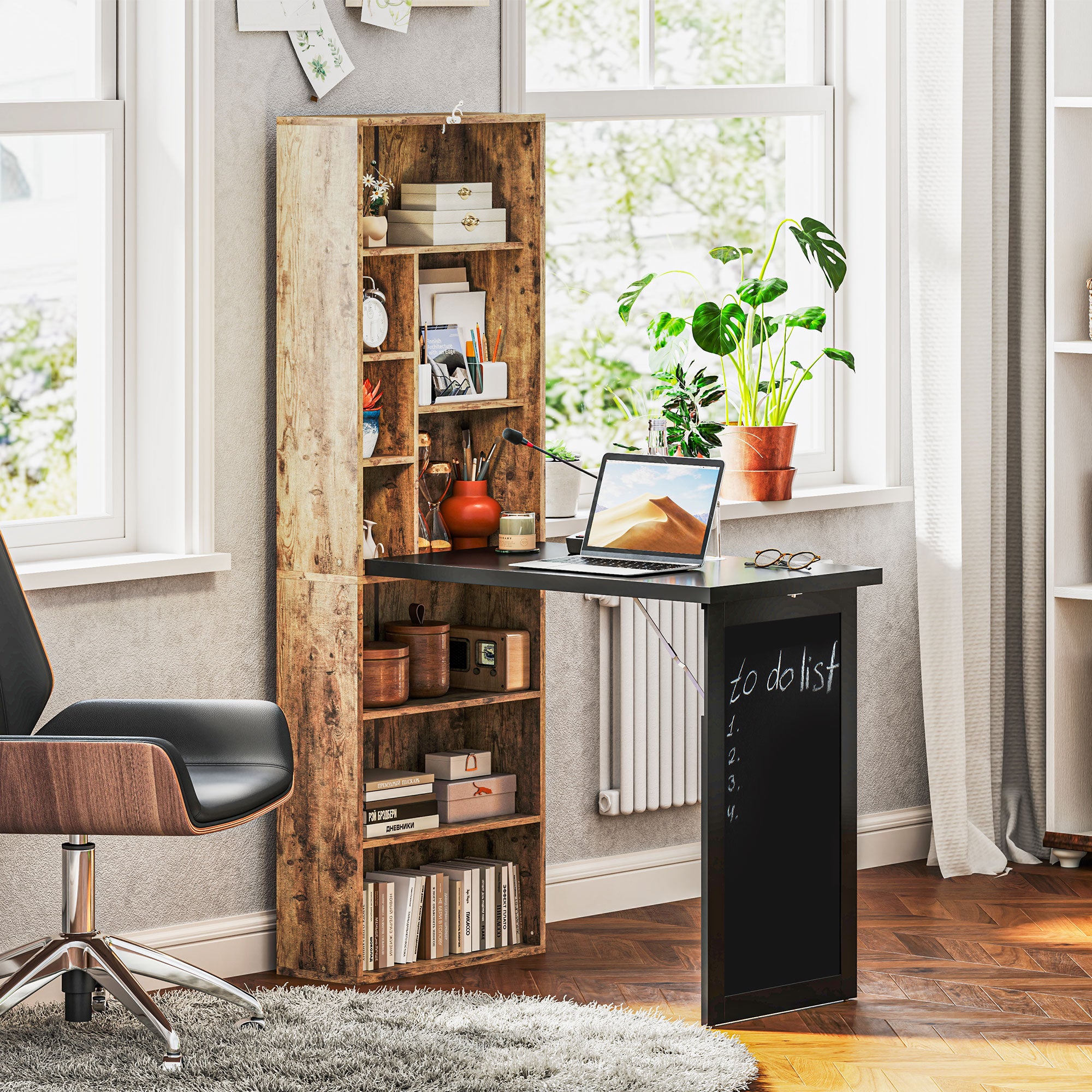 HOMCOM Folding Desk with Blackboard Multi-function Computer Office Workstation Side Shelf for Home Office, Rustic Brown - North Peak Garden Furniture