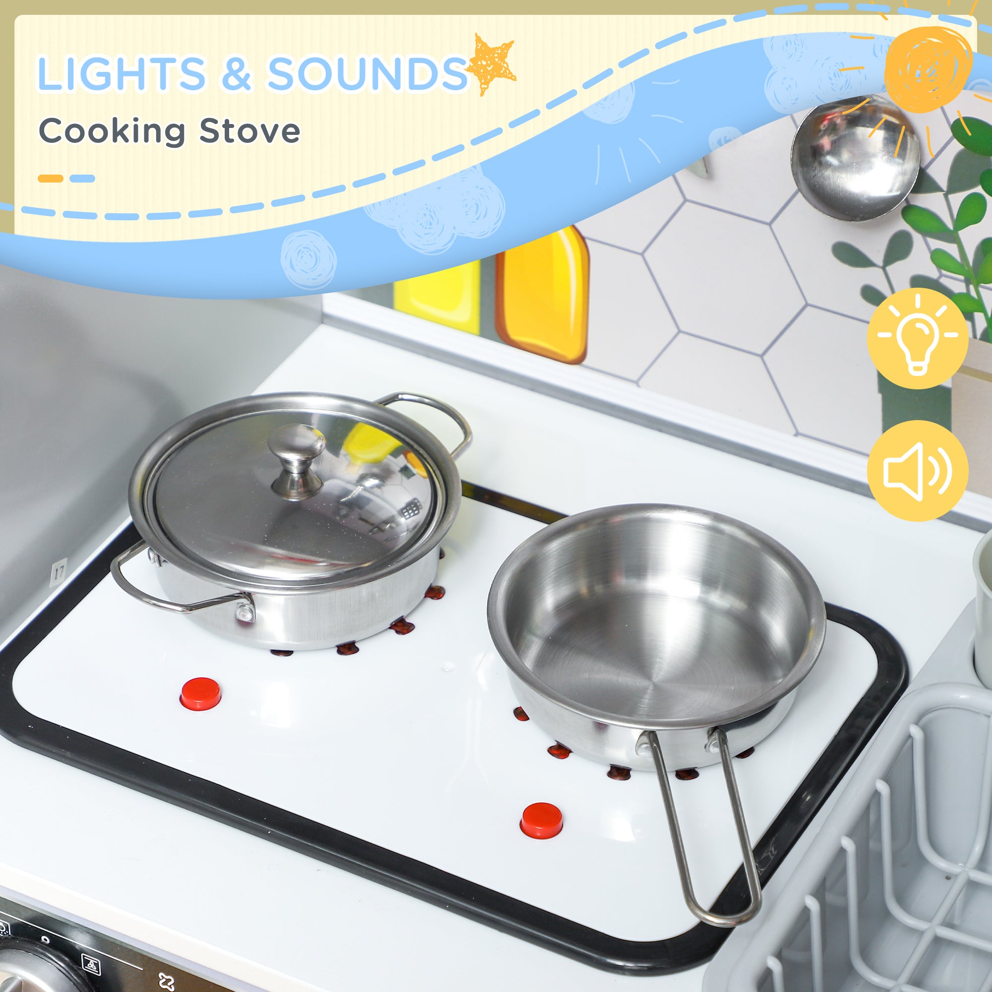 AIYAPLAY Pretend Play Toy Kitchen, Kids Kitchen Playset w/ Sounds and Lights Running Water, Coffee Maker, Refrigerator - North Peak Garden Furniture