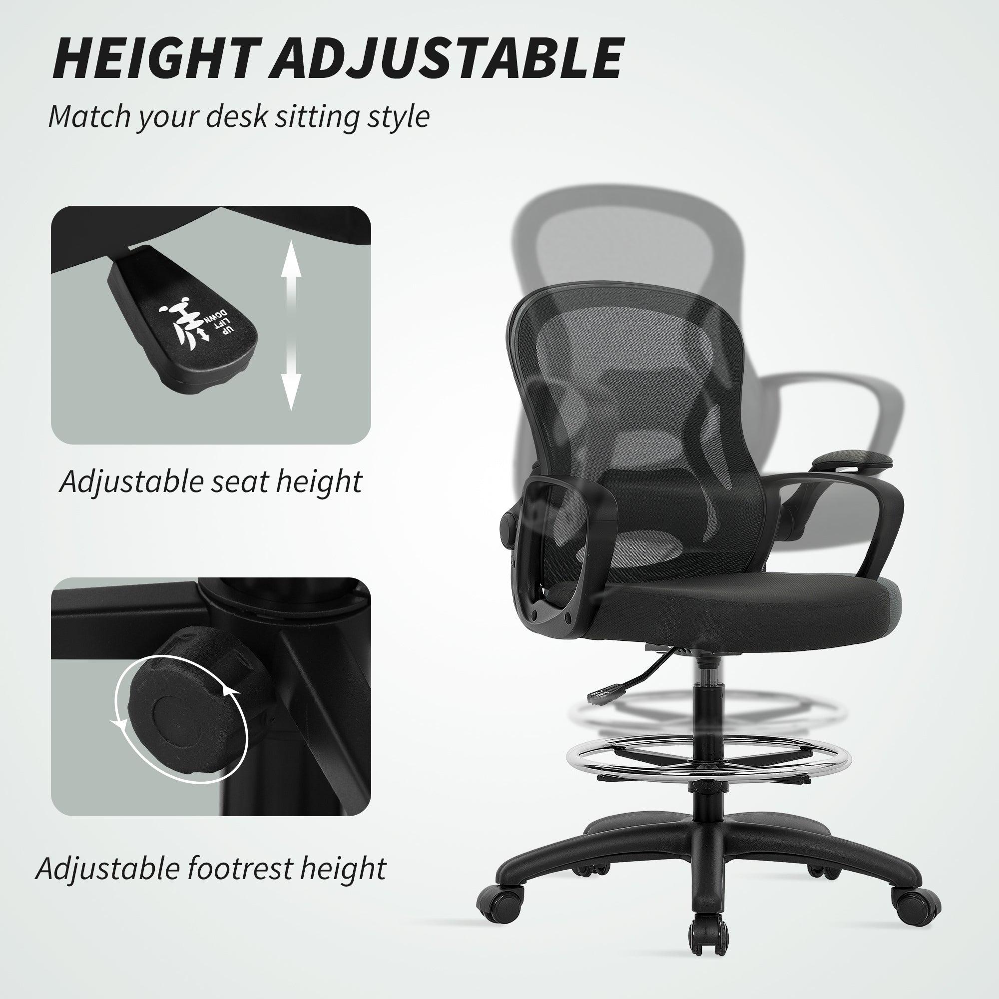 Vinsetto Drafting Chair with Adjustable Footrest, Ergonomic Mesh Office Chair with Lumbar Support, Adjustable Height for Standing Desk, Black