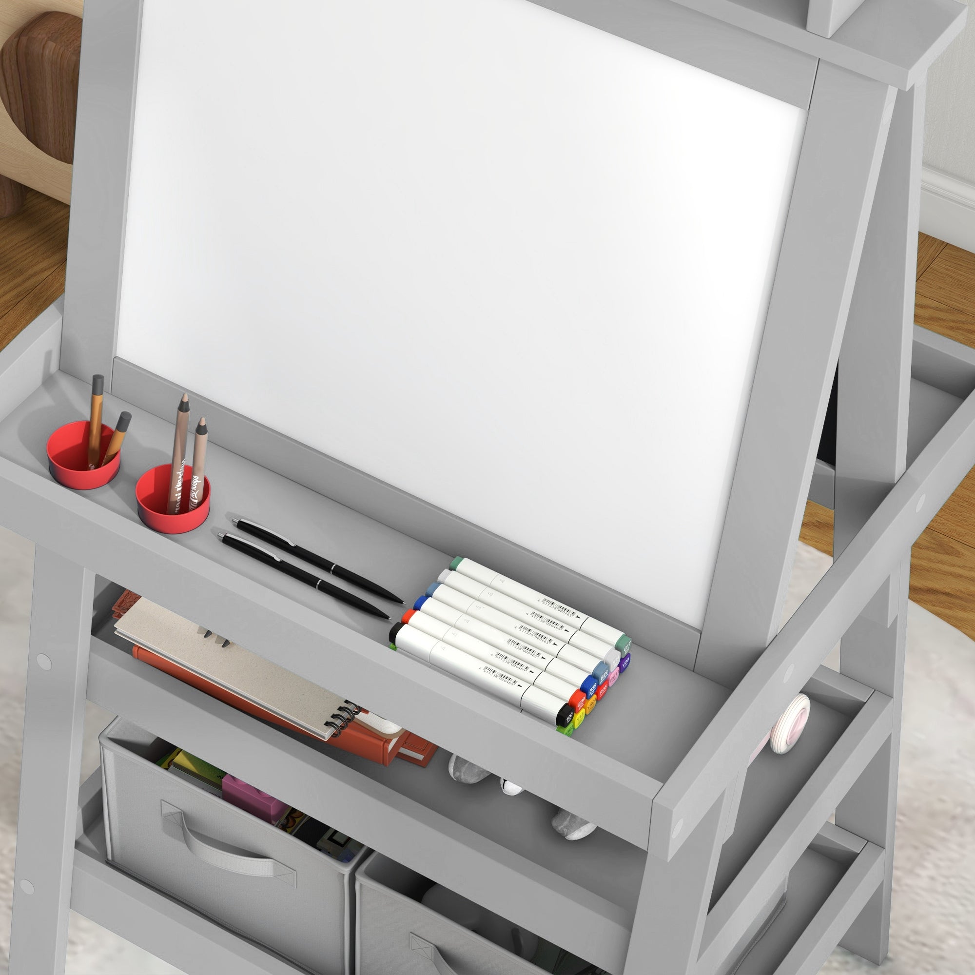 AIYAPLAY 3 in 1 Kids Easel Double-Sided Magnetic Whiteboard and Chalkboard with Paper Roll, Storage Baskets - Grey - North Peak Garden Furniture