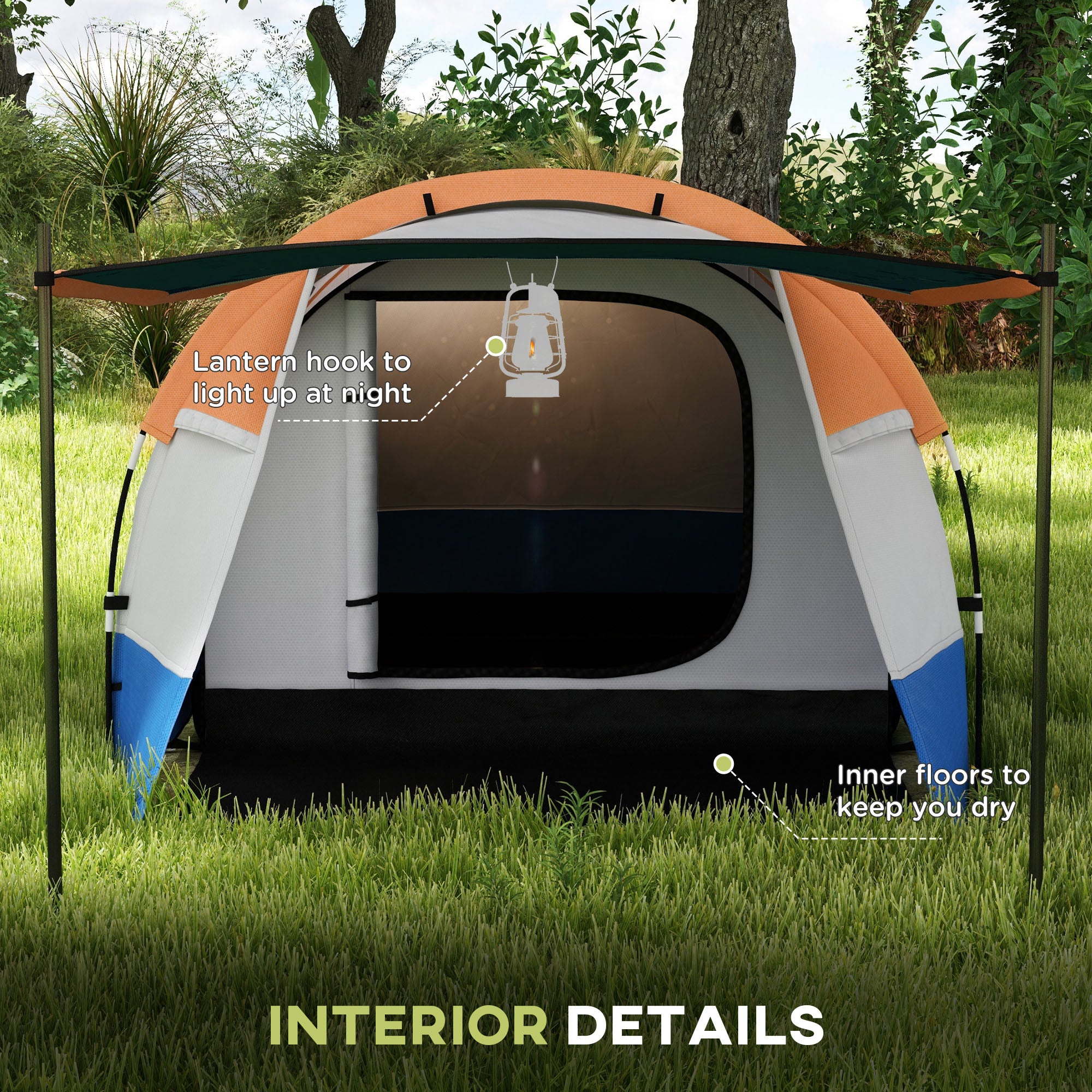 Outsunny Camping Tent, Large Tunnel Tent with Bedroom and Living Area, 2000mm Waterproof, Portable with Bag for 2-3 Man, Orange - North Peak Garden Furniture