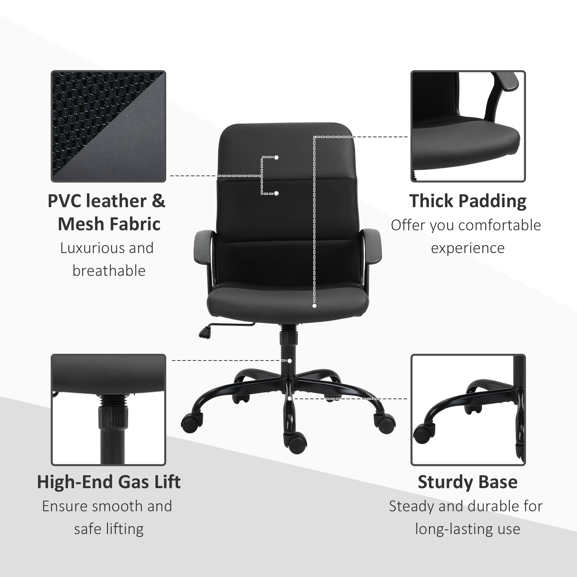 Vinsetto Mesh Office Chair, Faux Leather Desk Chair with Swivel Wheels, Adjustable Height and Tilt Function, Black