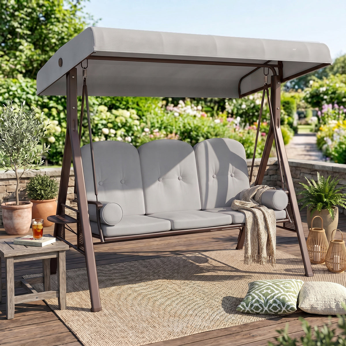 Outsunny 3 Seater Canopy Swing Chair, Outdoor Garden Swing Seat with Adjustable Canopy, Cushions and Cup Trays, Steel Frame, Light Grey