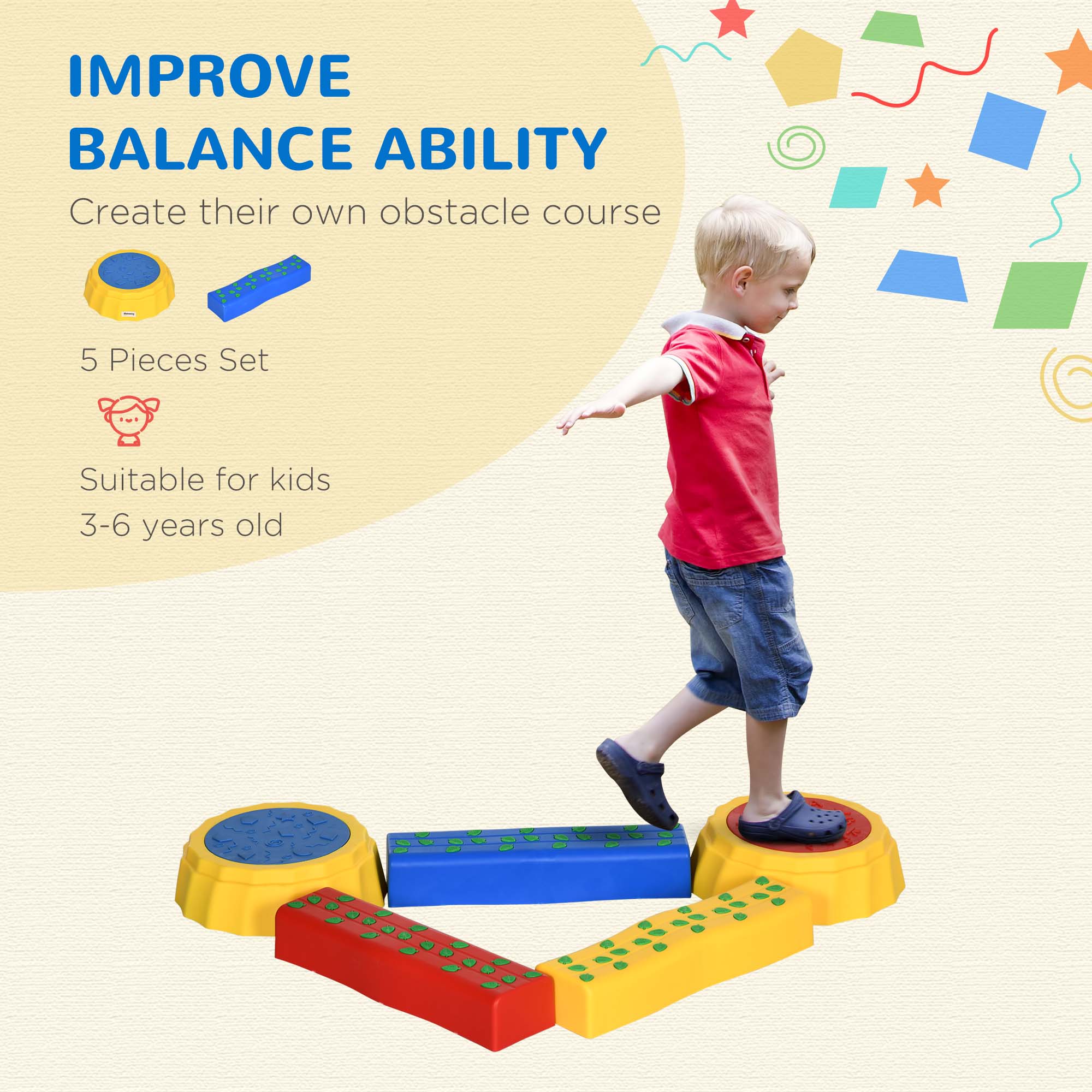 Outsunny Five-Piece Kids Stepping Stones and Balance Bridge w/ Non-Slip Surface & Bottom. for Toddlers - Multicoloured - North Peak Garden Furniture