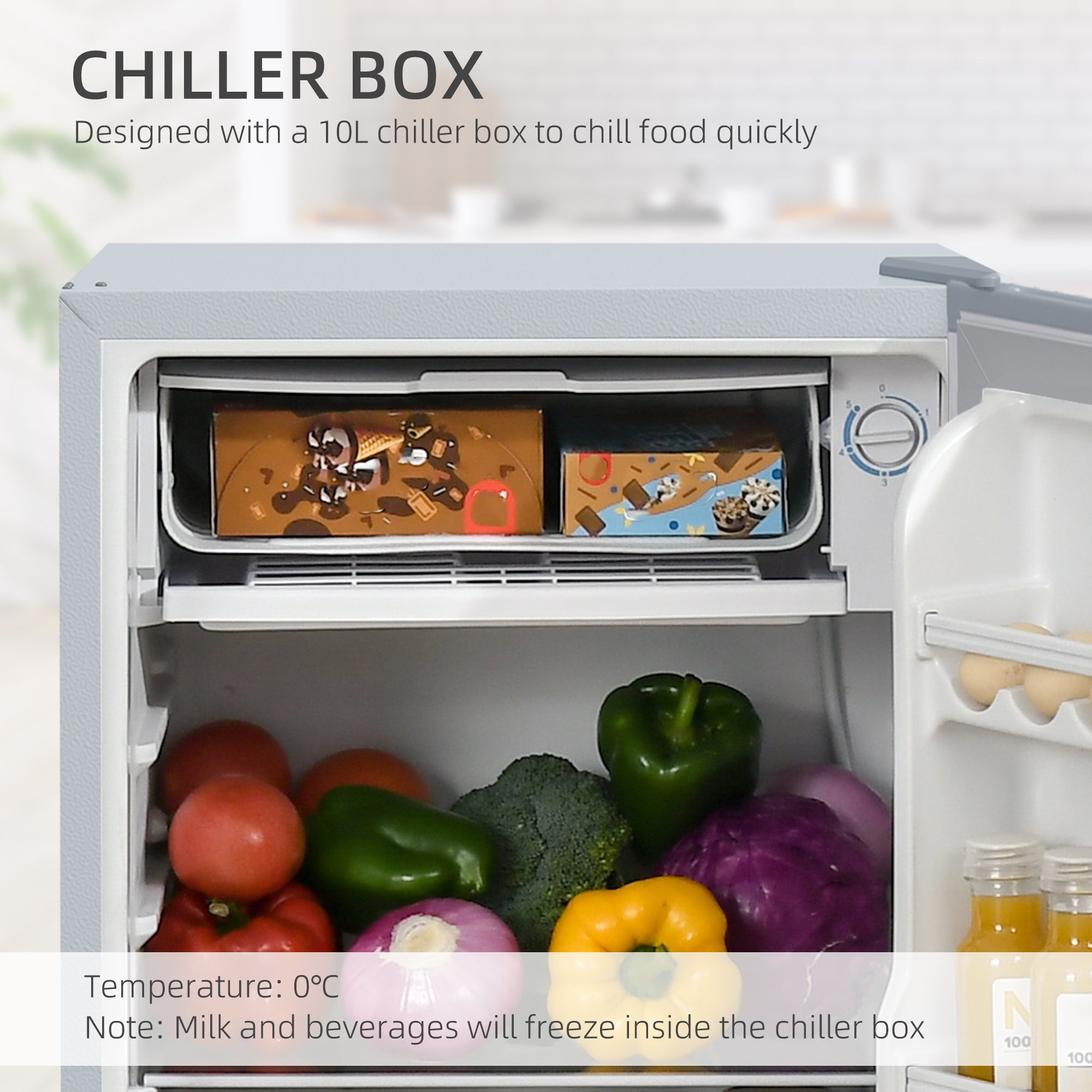 HOMCOM 91 Litre Freestanding Under Counter Fridge Freezer with Chiller Box, Reversible Door, Adjustable Thermostat, 47.5cm Wide, Noise Level: Decibels 40, Grey - North Peak Garden Furniture