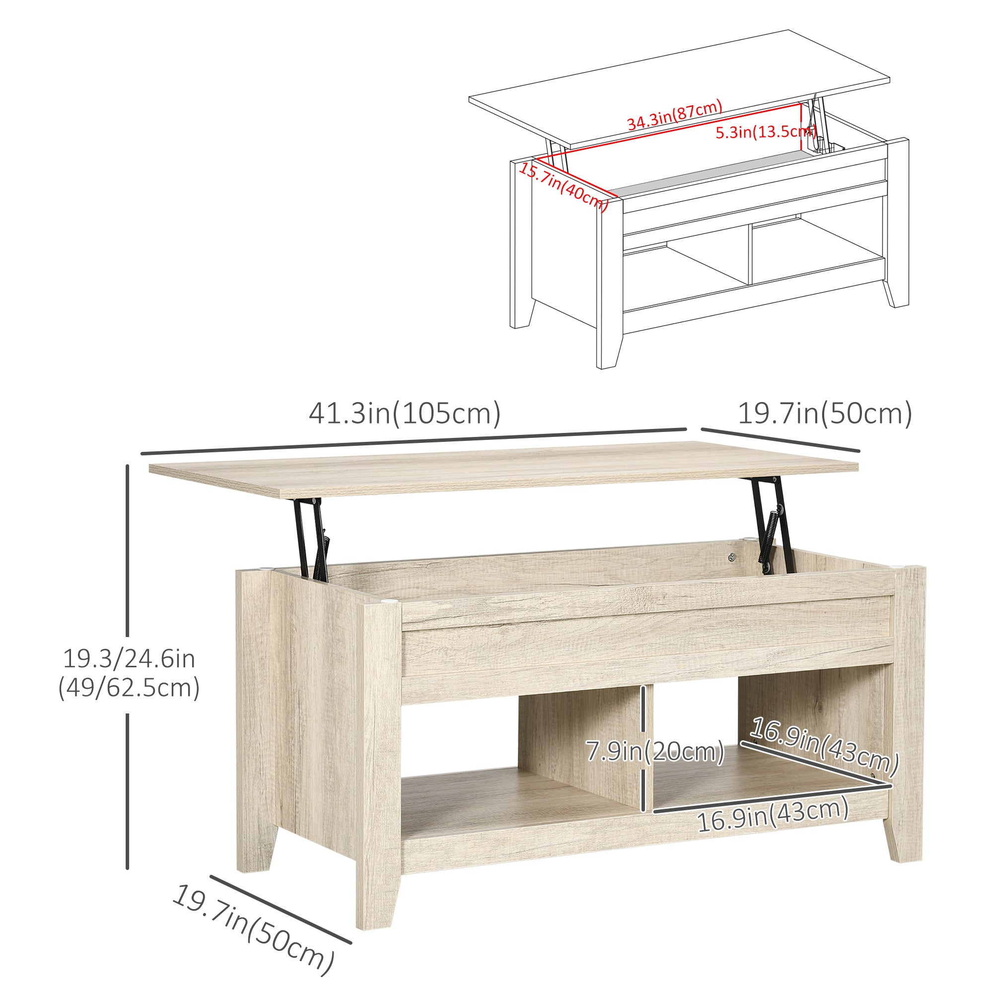 HOMCOM Lift Top Coffee Table w/ Hidden Storage Compartment Open Shelves Lift Tabletop Pop Up Centre Table for Living Room Oak Effect