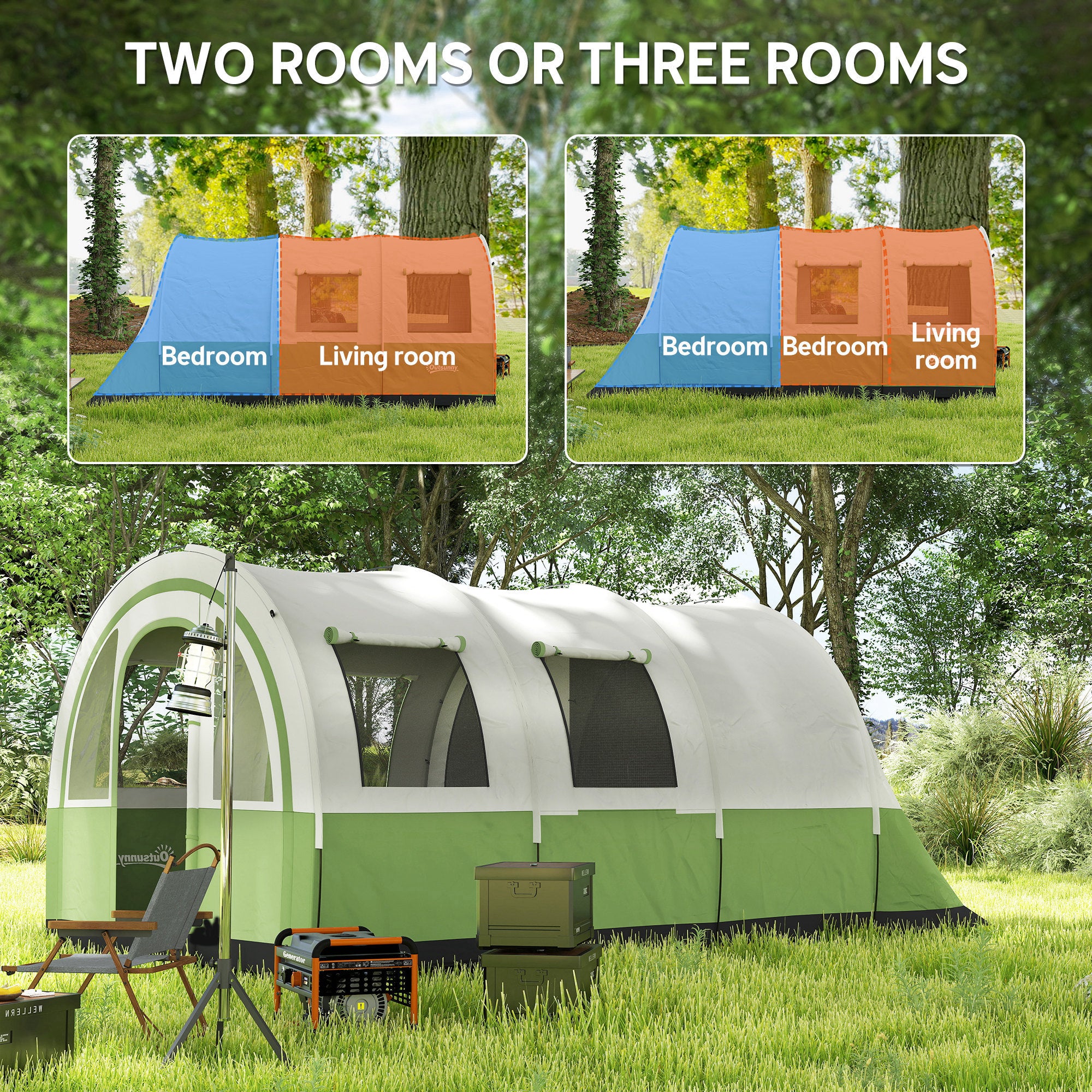 Outsunny 3000mm Waterproof Camping Tent, 5-6 Man Family Tent with Living and Bedroom, Carry Bag Included, Cream and Green - North Peak Garden Furniture