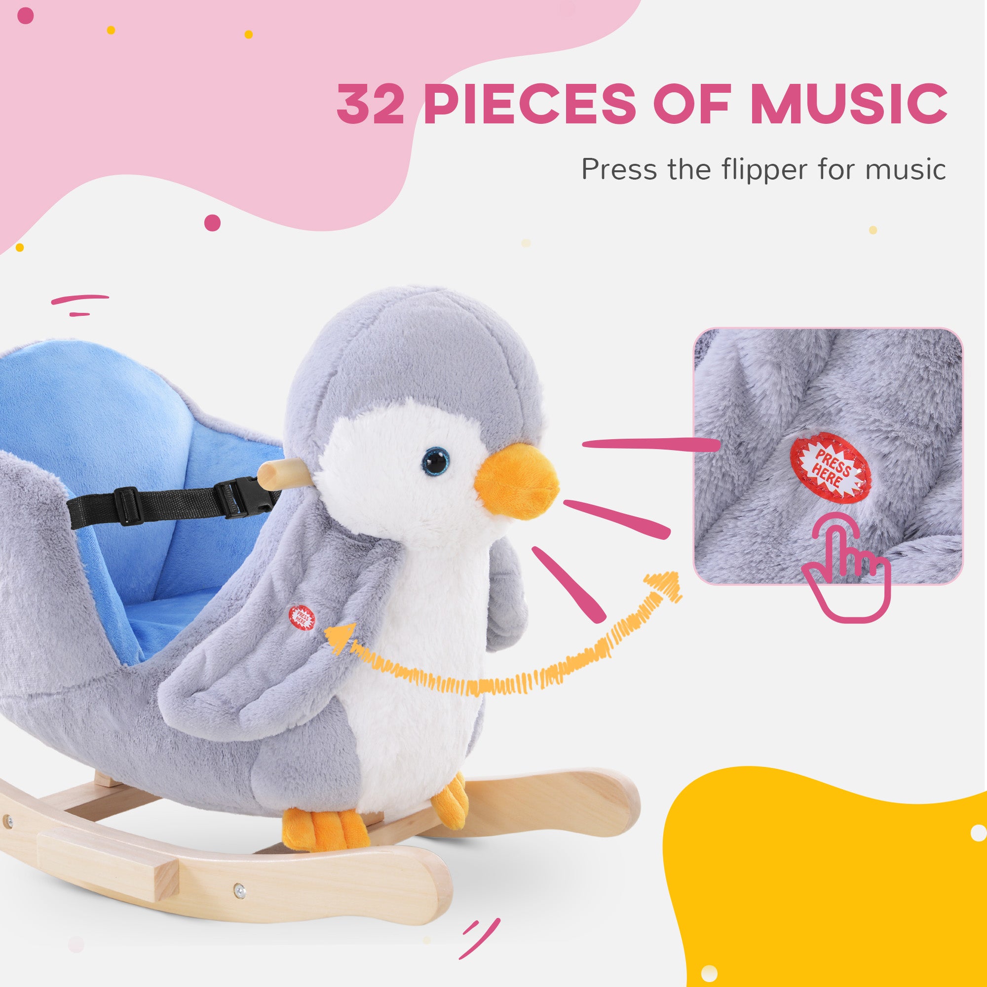 HOMCOM Children Kids Animal Rocking Horse Penguin Plush Musical Button 32 Songs Kid Rocker for 18+ Months - North Peak Garden Furniture