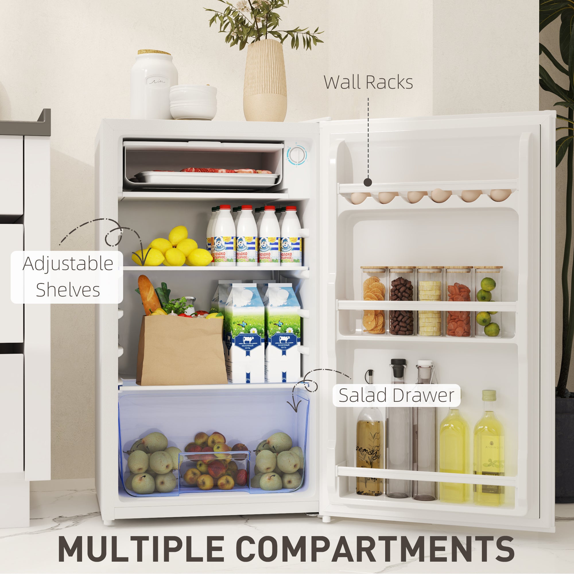 HOMCOM 91L Freestanding Under-Counter Fridge with Lock - White - North Peak Garden Furniture