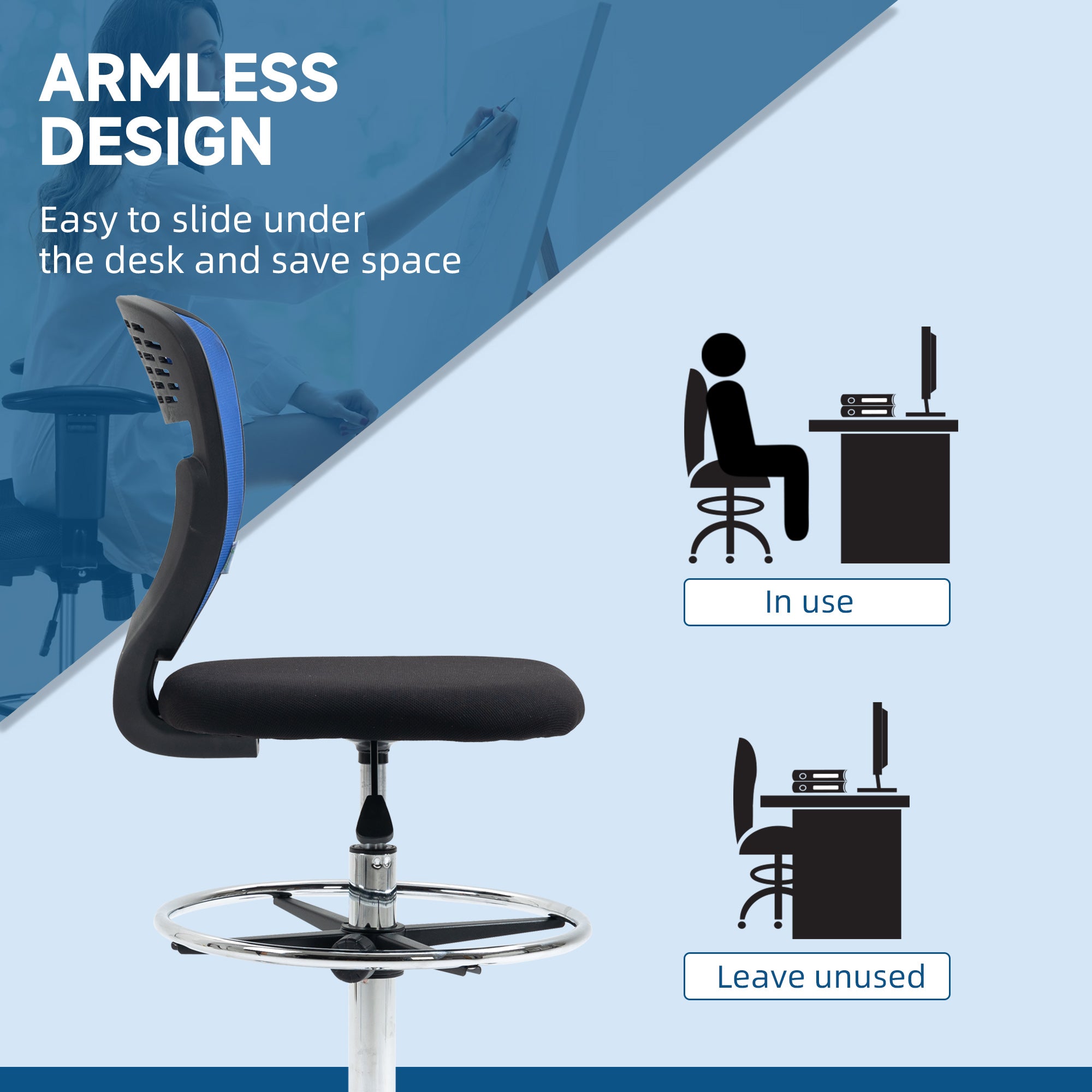 Vinsetto Drafting Chair, Swivel Office Draughtsman Chair, Mesh Standing Desk Chair with Lumbar Support, Adjustable Foot Ring, Armless, Dark Blue - North Peak Garden Furniture