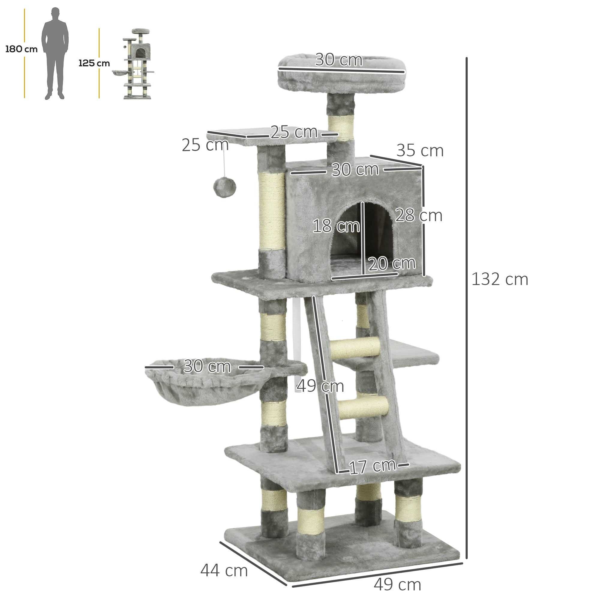 PawHut 132cm Cat Tree with Scratching Post, House, Hammock, Toy Balls - Grey - North Peak Garden Furniture