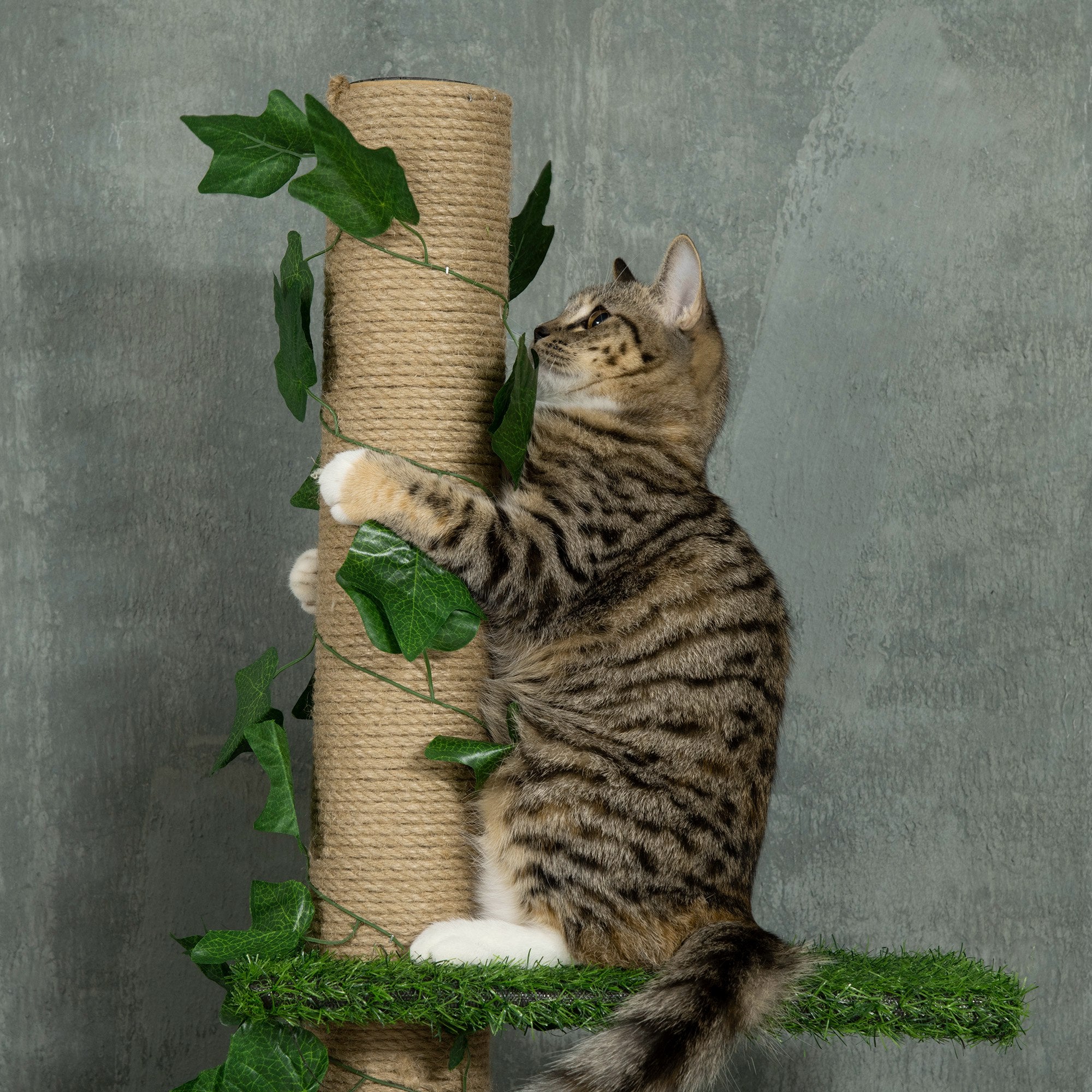 PawHut 242cm Adjustable Floor-To-Ceiling Cat Tree, with Artificial Decoration, Perches, Anti-Slip Kit - Green - North Peak Garden Furniture
