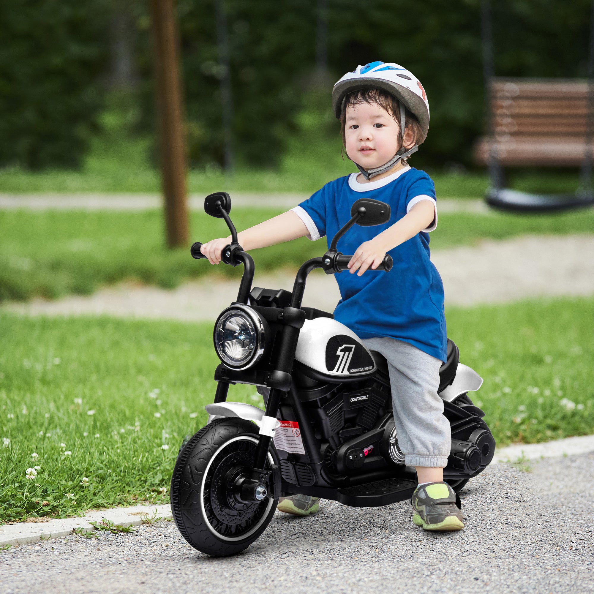 HOMCOM 6v Electric Motorbike with Training Wheels, One-Button Start - White