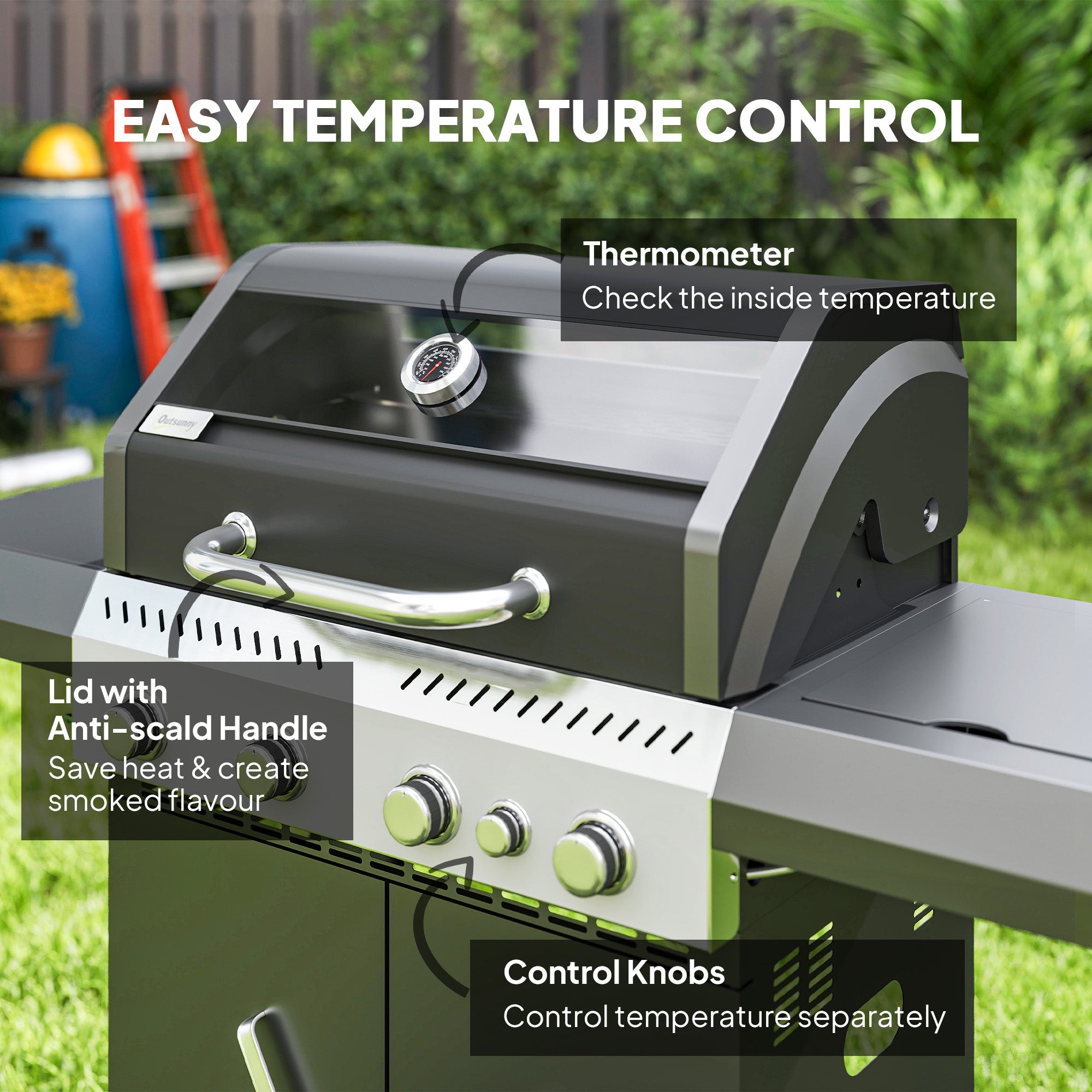 Outsunny 4+1 Burner Gas BBQ Grill with Clear View Lid, Portable Gas Barbecue Grill with Built-in Thermometer, Side Table, Cabinet, Wheels, Grease Tray for Garden Party Outdoor Cooking, Black - North Peak Garden Furniture