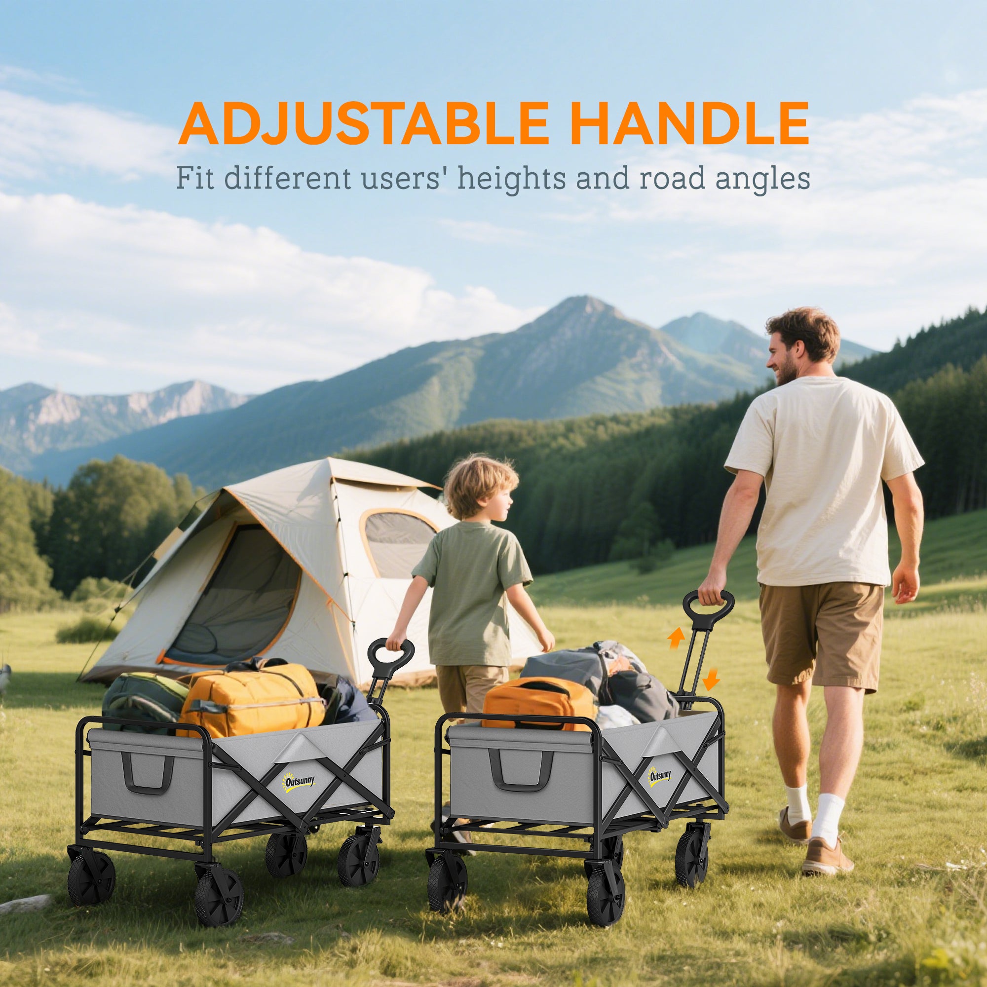 Outsunny Folding Pull Along Cart Cargo Wagon Trolley with Telescopic Handle - Dark Grey - North Peak Garden Furniture