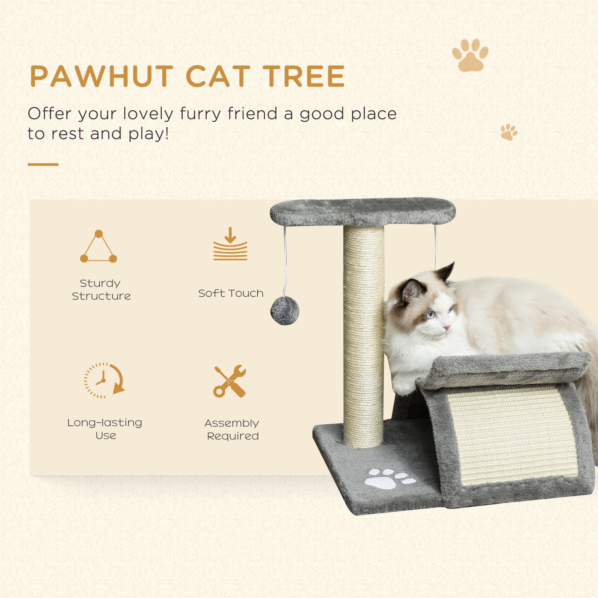 PawHut Cat Tree, Cat Tower for Kittens, Small Cat Condo with Rotatable Top Bar, Sisal Scratching Post, Tunnel, Dangling Balls - Grey