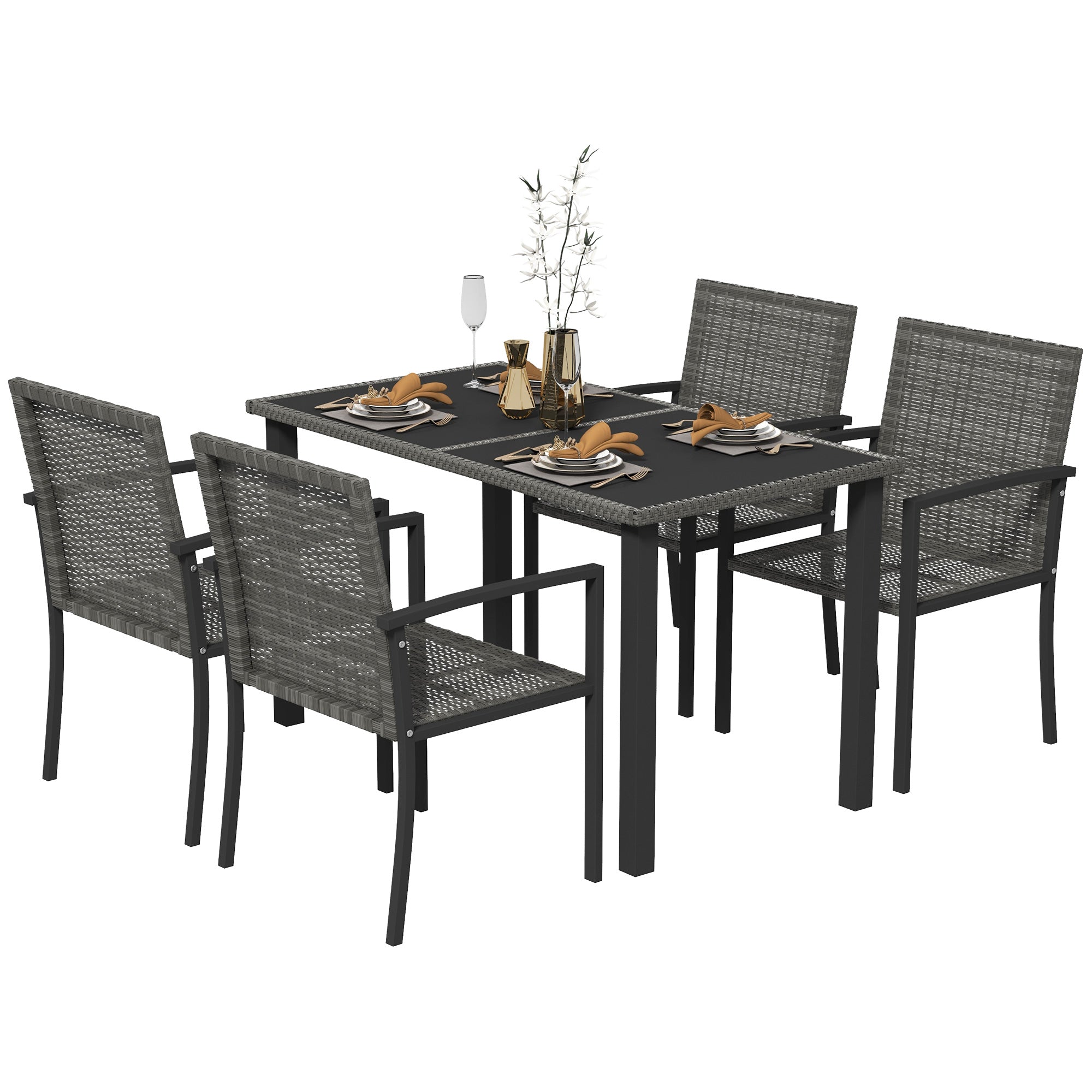 Outsunny Outdoor Dining Set 5 Pieces Patio Conservatory with Tempered Glass Tabletop,4 Dining Chairs - Grey - North Peak Garden Furniture