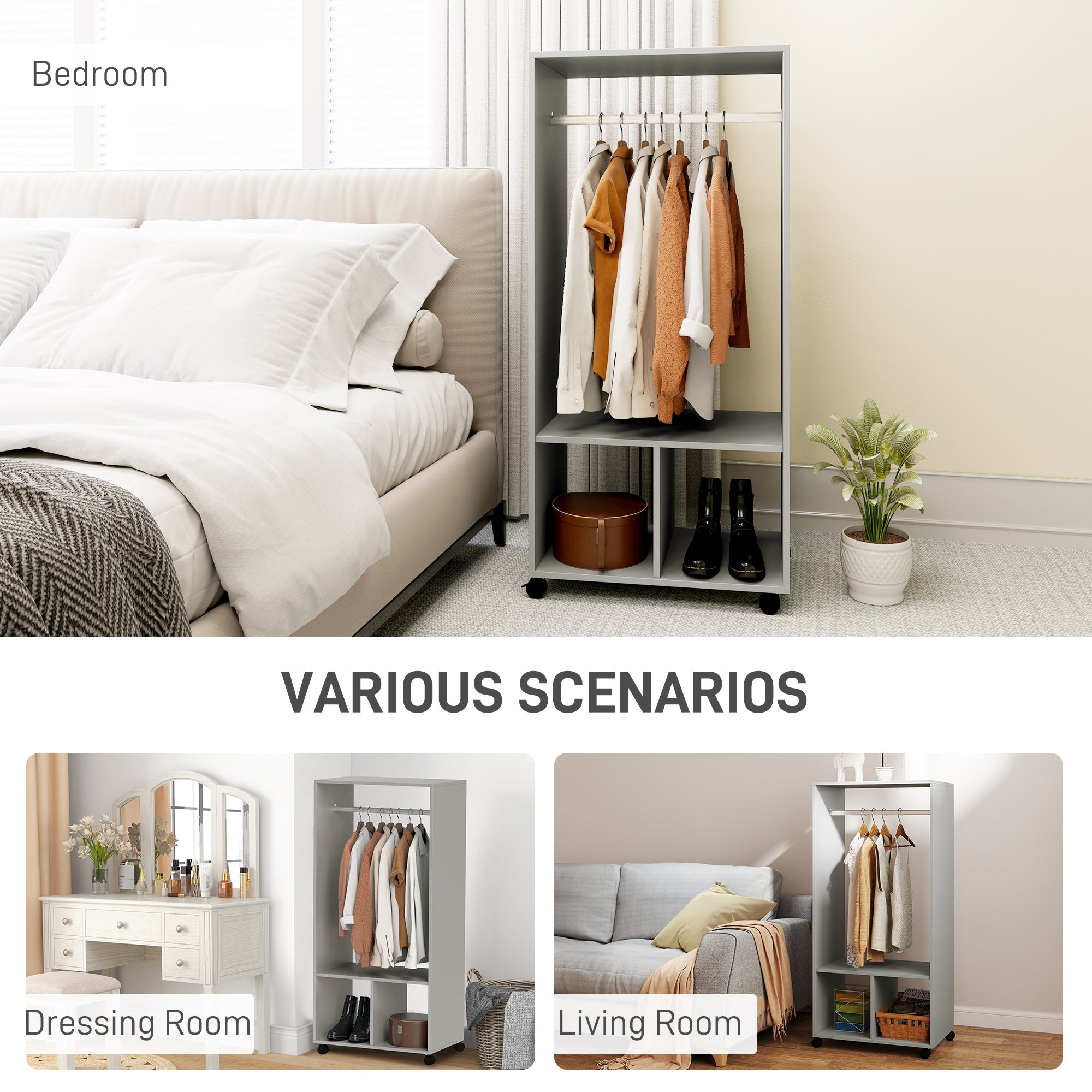 HOMCOM Open Wardrobe for Bedroom, Small Wardrobe on Wheels with Clothes Rail, Storage Shelves, Mobile Garment Rack for Clothes Storage, Cloakroom, Hallway, Grey - North Peak Garden Furniture