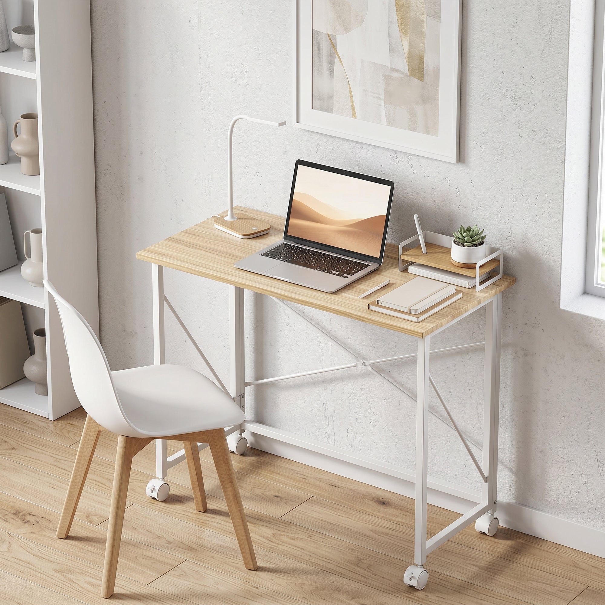 HOMCOM 80 cm Folding Desk on Wheels - Natural Tone