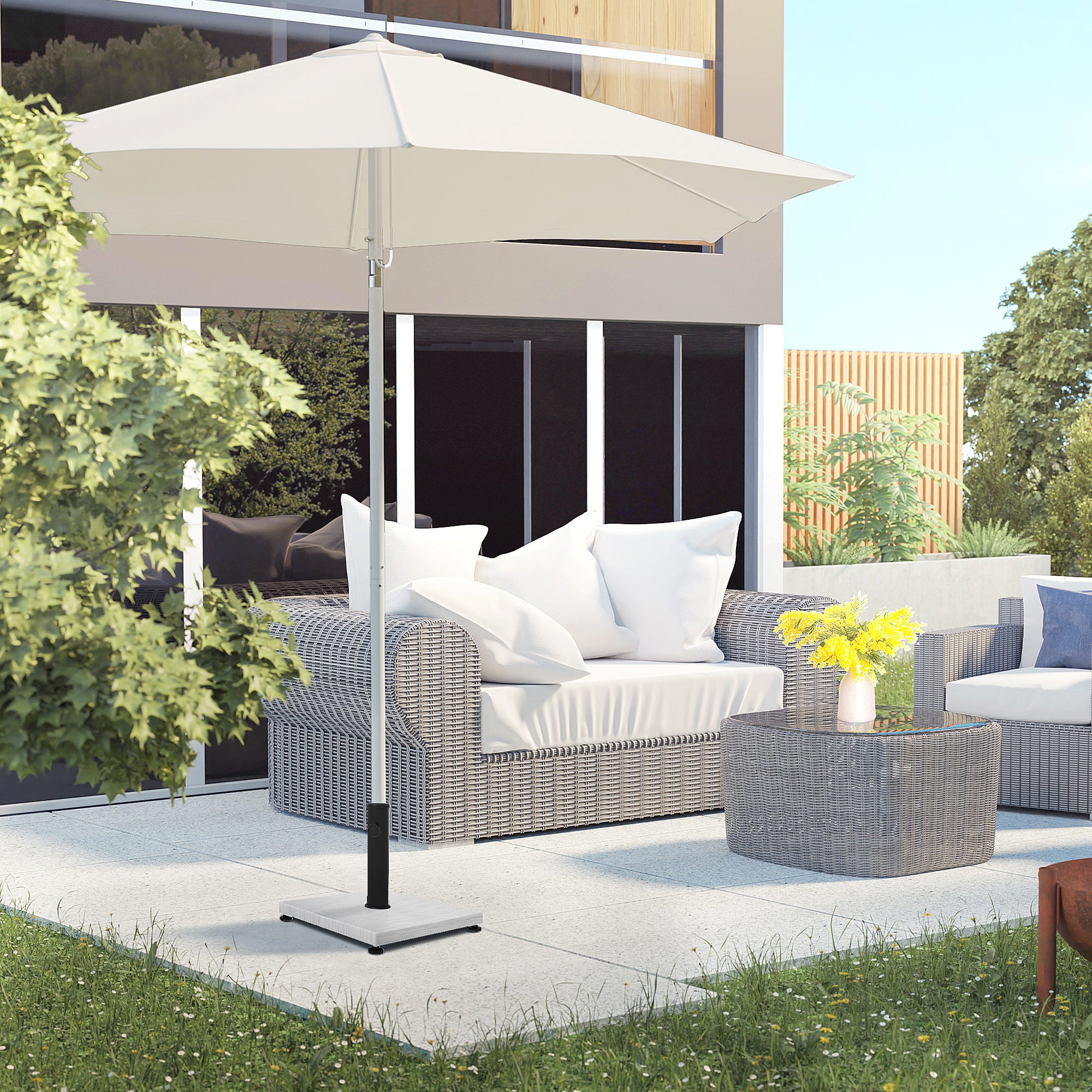 Outsunny 12kg Garden Parasol Base with Adjustable Foot Pad and Knob, Concrete Umbrella Stand with Wood Effect, Rectangular Parasol Holder for 38mm and 48mm Poles, White - North Peak Garden Furniture