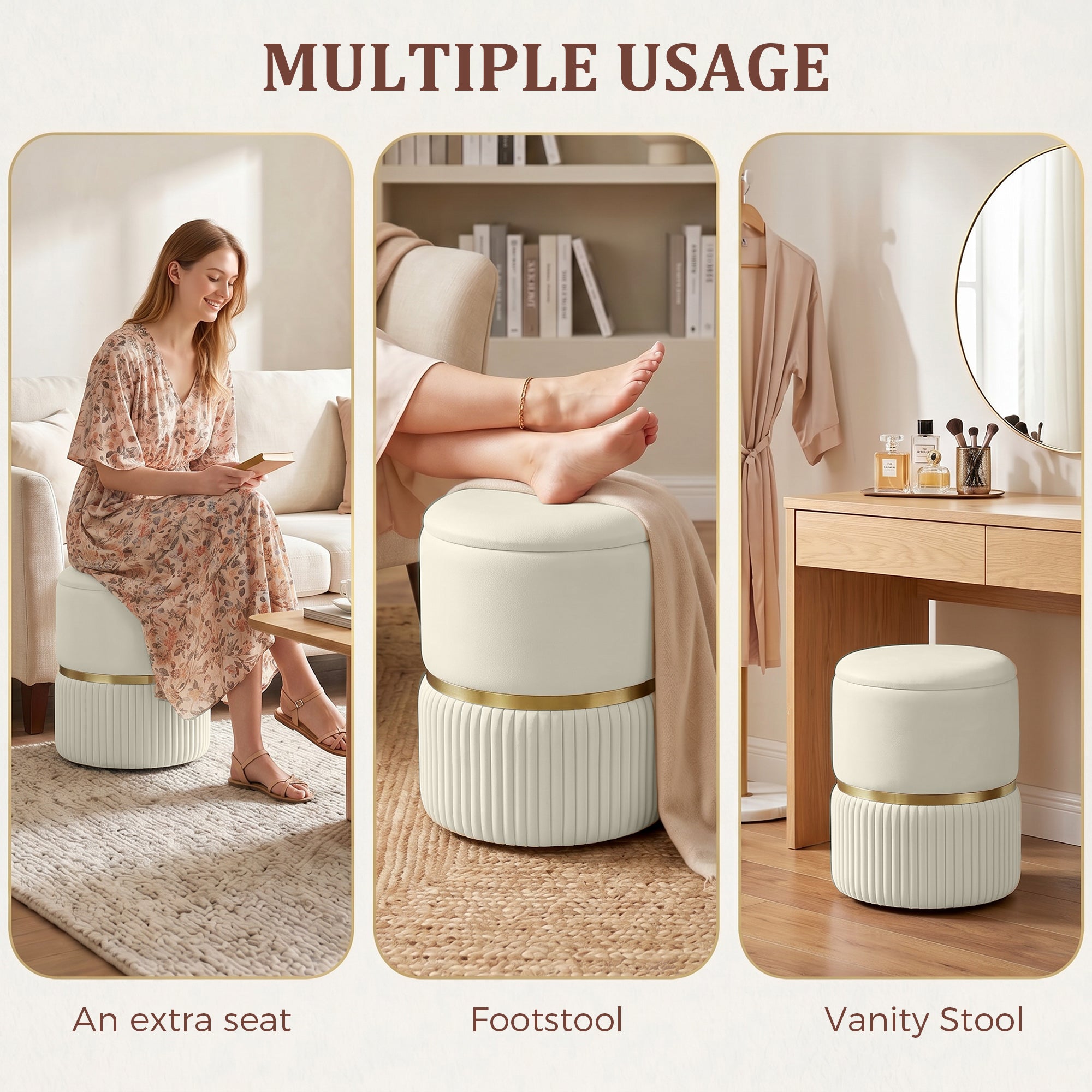 HOMCOM Round Storage Stool, Velvet-feel Fabric Upholstered Vanity Stool with Removable Top, Padded Seat and Hidden Space, Beige