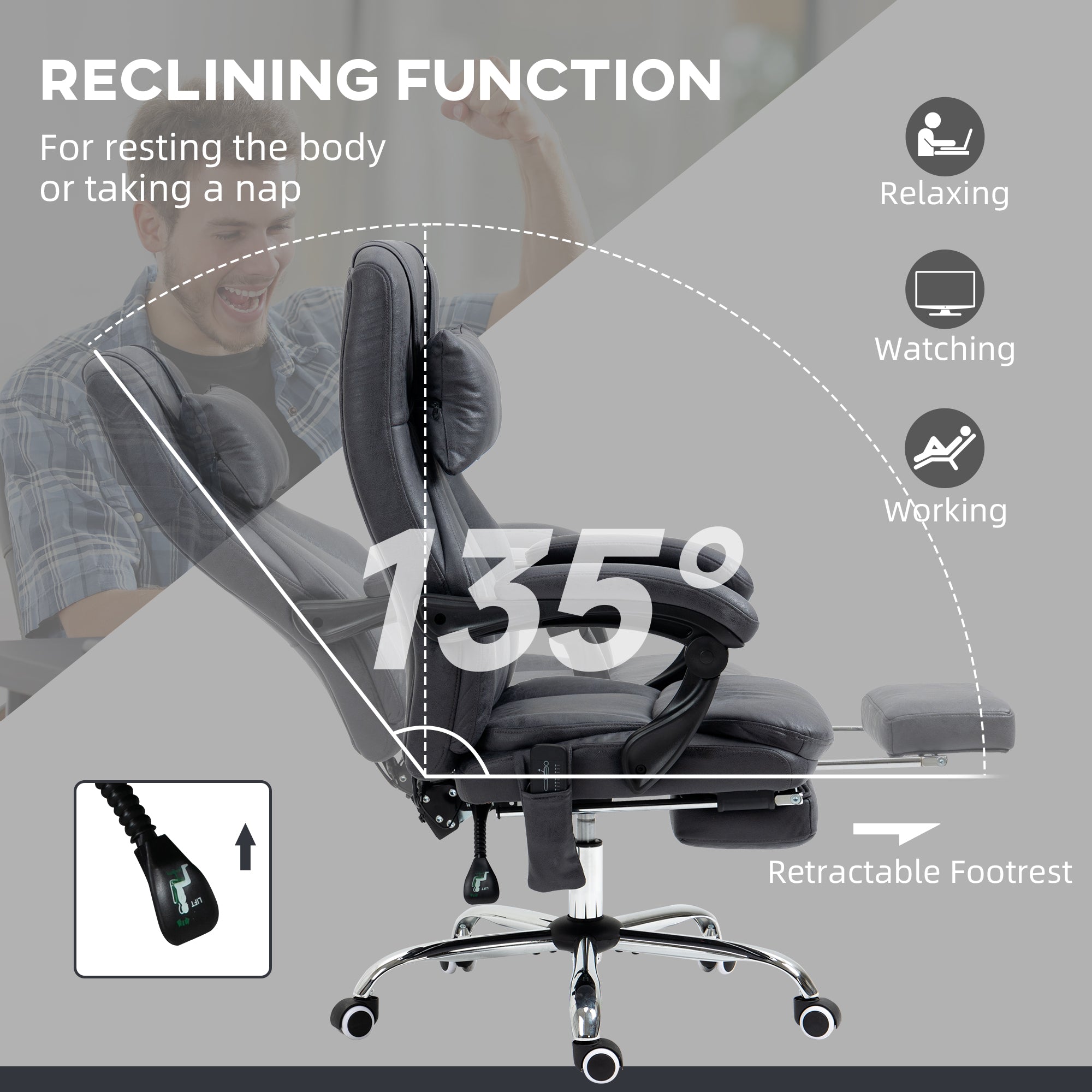 Vinsetto Office Chair with Lumbar Massage, 135° Reclining Computer Chair with Adjustable Headrest, Retractable Footrest, 10cm Double Padded Seat, Microfiber Fabric, Metal Base, Dark Grey - North Peak Garden Furniture