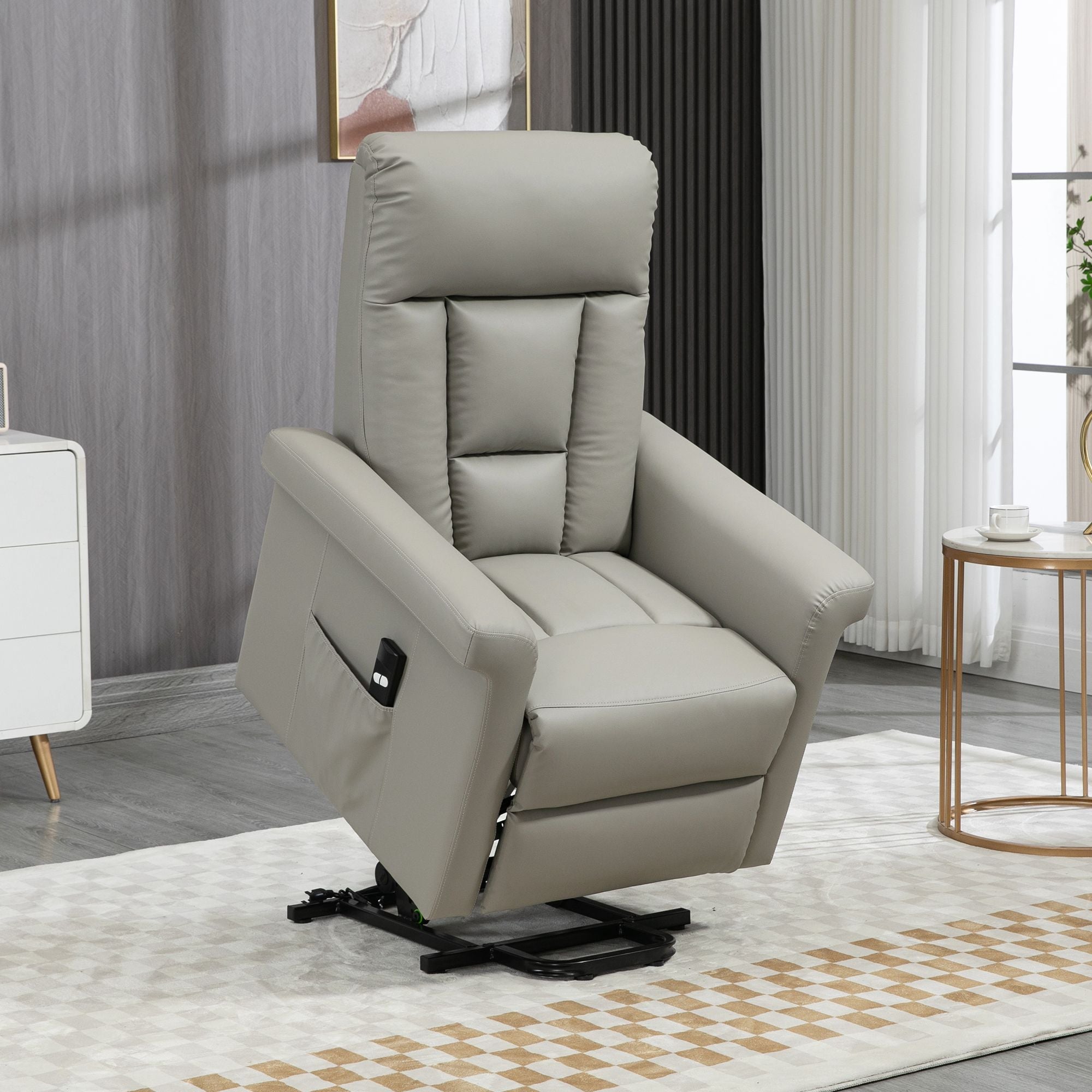 HOMCOM Power Lift Chair, PU Leather Recliner Sofa Chair for Elderly with Remote Control, Side Pocket, Grey - North Peak Garden Furniture