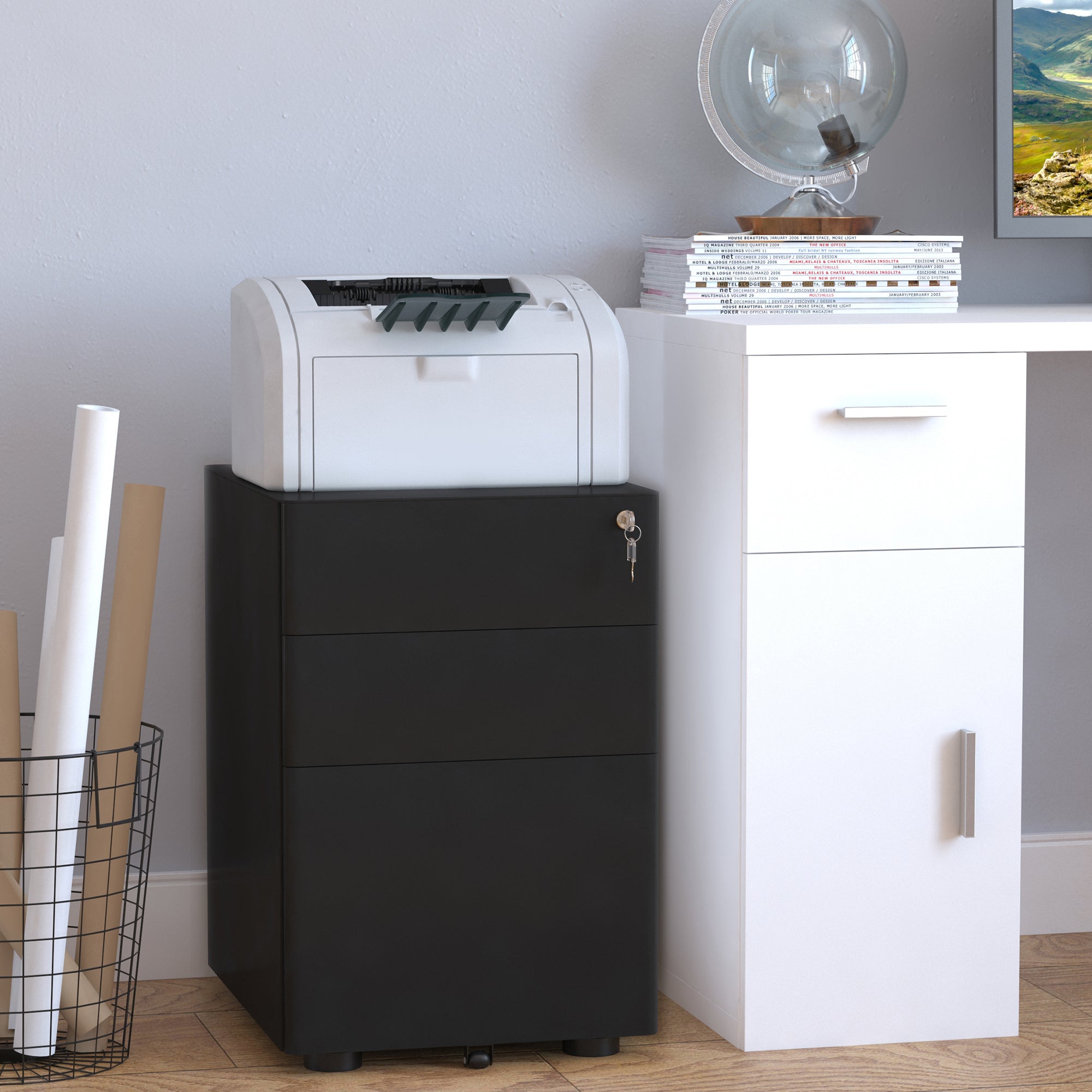 Vinsetto Lockable Cabinet, Rolling Filing Cabinet with 3 Drawers, Steel Office Drawer Unit for A4, Letter, Legal Sized Files - North Peak Garden Furniture
