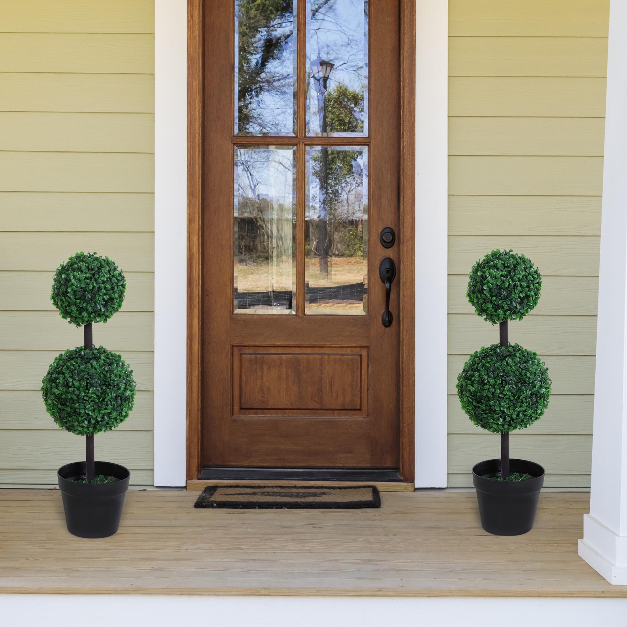 Outsunny Set of 2 Artificial Boxwood Ball Topiary Trees Potted Decorative Plant Outdoor and Indoor Décor (67cm) - North Peak Garden Furniture