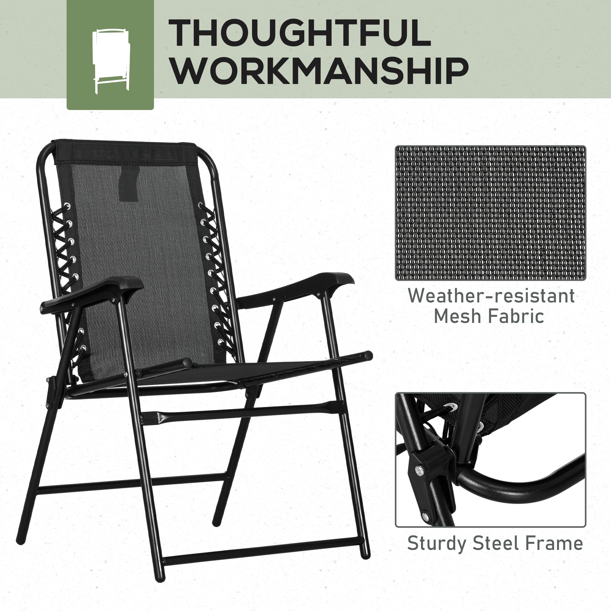 Outsunny 2 Pcs Patio Folding Chair Set, Outdoor Portable Loungers for Camping Pool Beach Deck, Lawn w/ Armrest Steel Frame Black - North Peak Garden Furniture