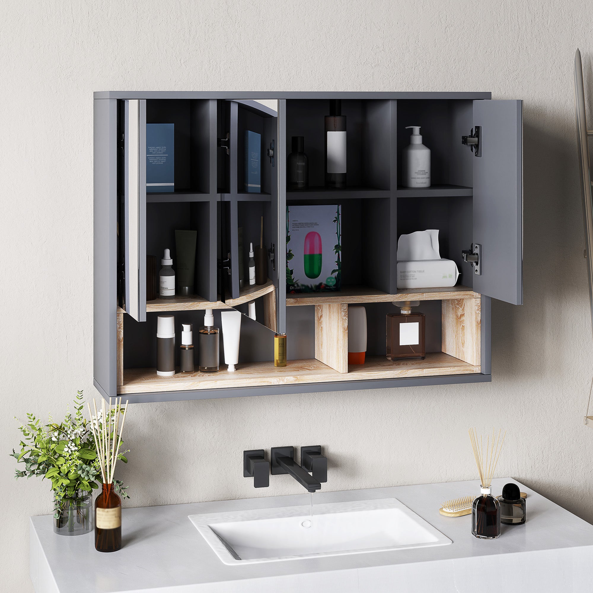 HOMCOM Bathroom Mirror Cabinet, Wall Mounted Bathroom Cabinet with Mirror, 3 Doors and Cupboards, Grey - North Peak Garden Furniture