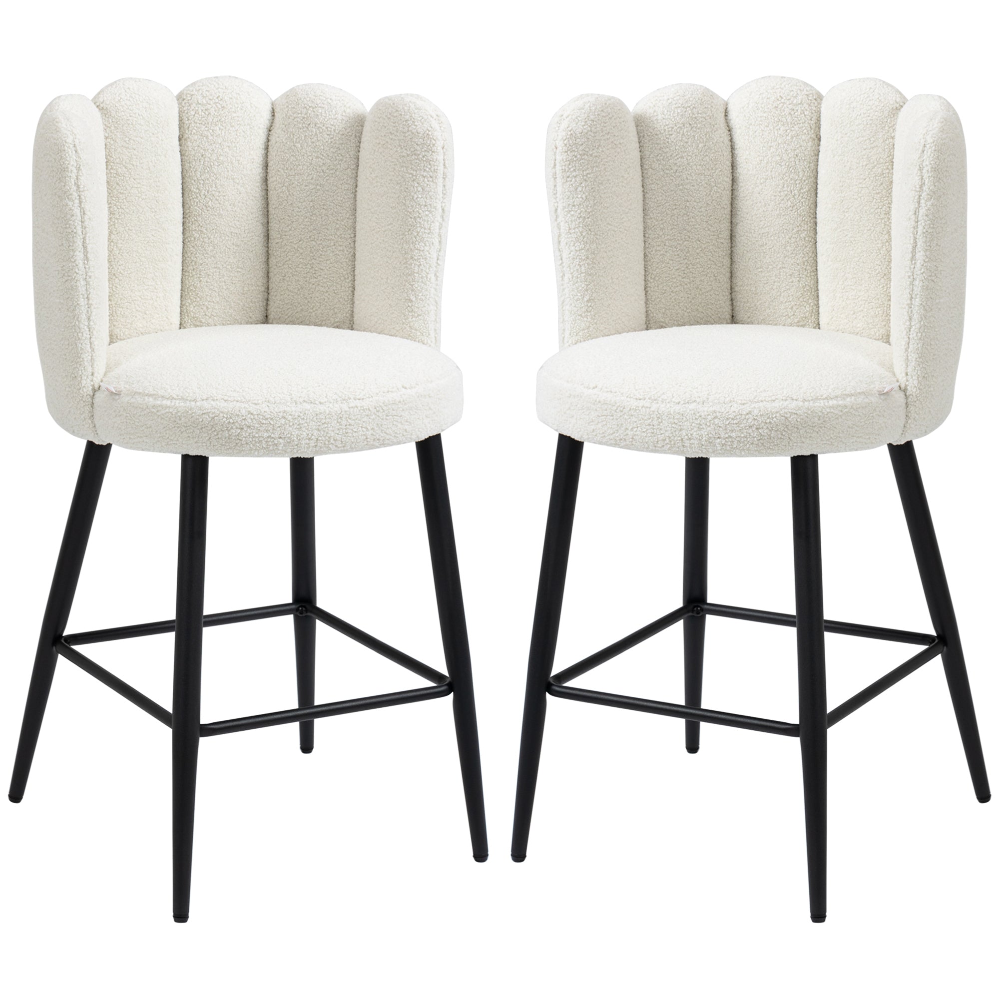 HOMCOM Bar Stools Set of 2, Faux Cashmere Upholstered Breakfast Bar Chairs, Modern Kitchen Stools with Backs, Footrest and Steel Base, Cream - North Peak Garden Furniture