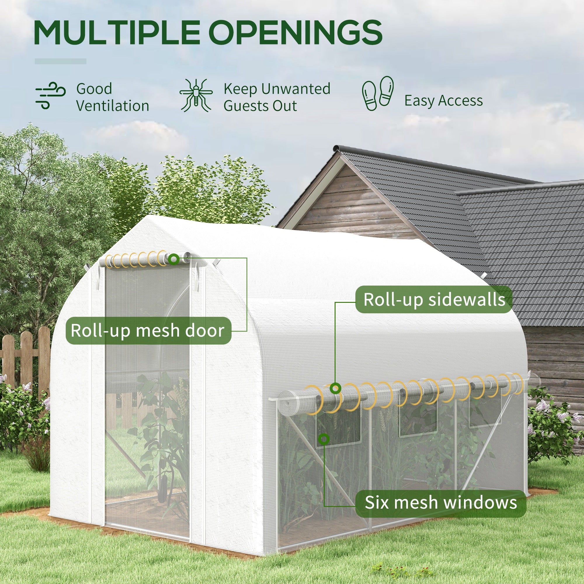 Outsunny 3 x 2(m) Walk-in Polytunnel Greenhouse, Zipped Roll Up Sidewalls, Mesh Door, 6 Mesh Windows, Tunnel Warm House Tent with PE Cover, Complimentary Plant Labels and Gloves, White