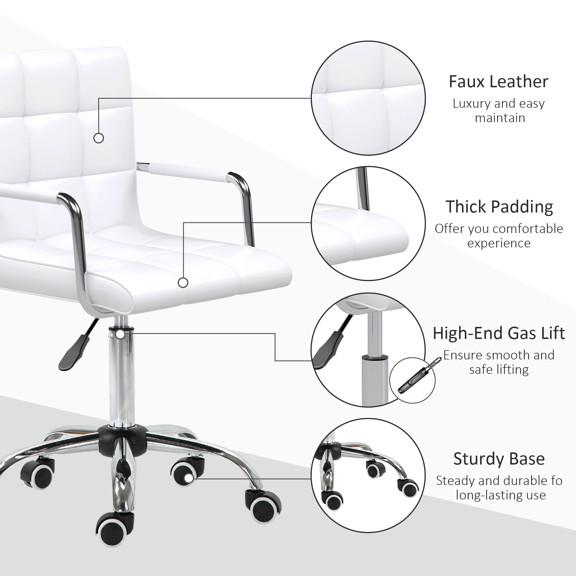 Vinsetto Office Chair, Makeup Vanity Chair, Mid Back Computer Chair, PU Leather Swivel Study Chair with Adjustable Height, Armrest and Rolling Wheels, White