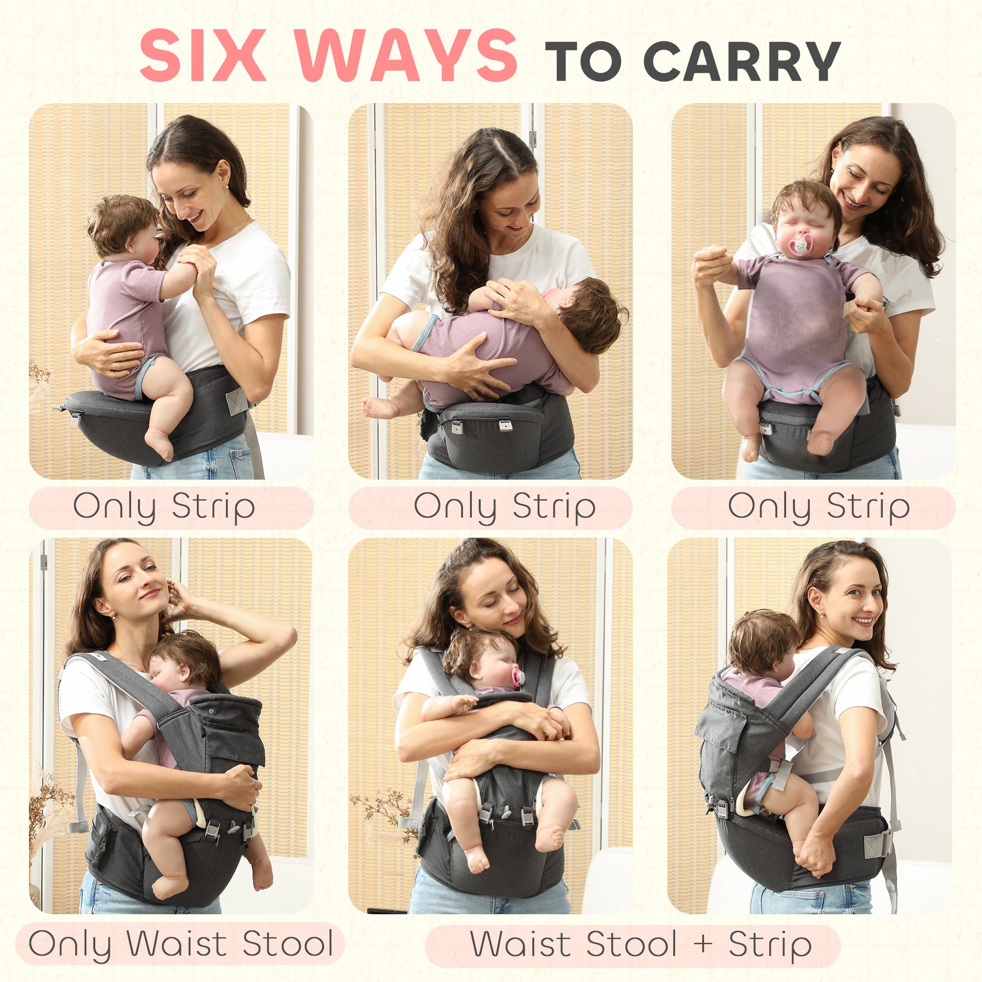 AIYAPLAY 6-in-1 Baby Carrier for Newborns-Toddlers, with Removable Seat, for Ages 0-36 Months, Up to 15kg, Grey - North Peak Garden Furniture