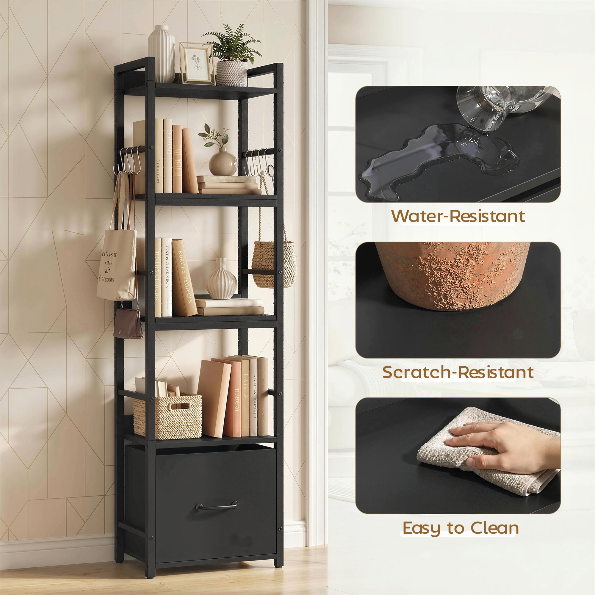 HOMCOM 4-Tier Bookshelf, Narrow Bookcase with Drawer, 8 Hooks, Metal Frame, Black