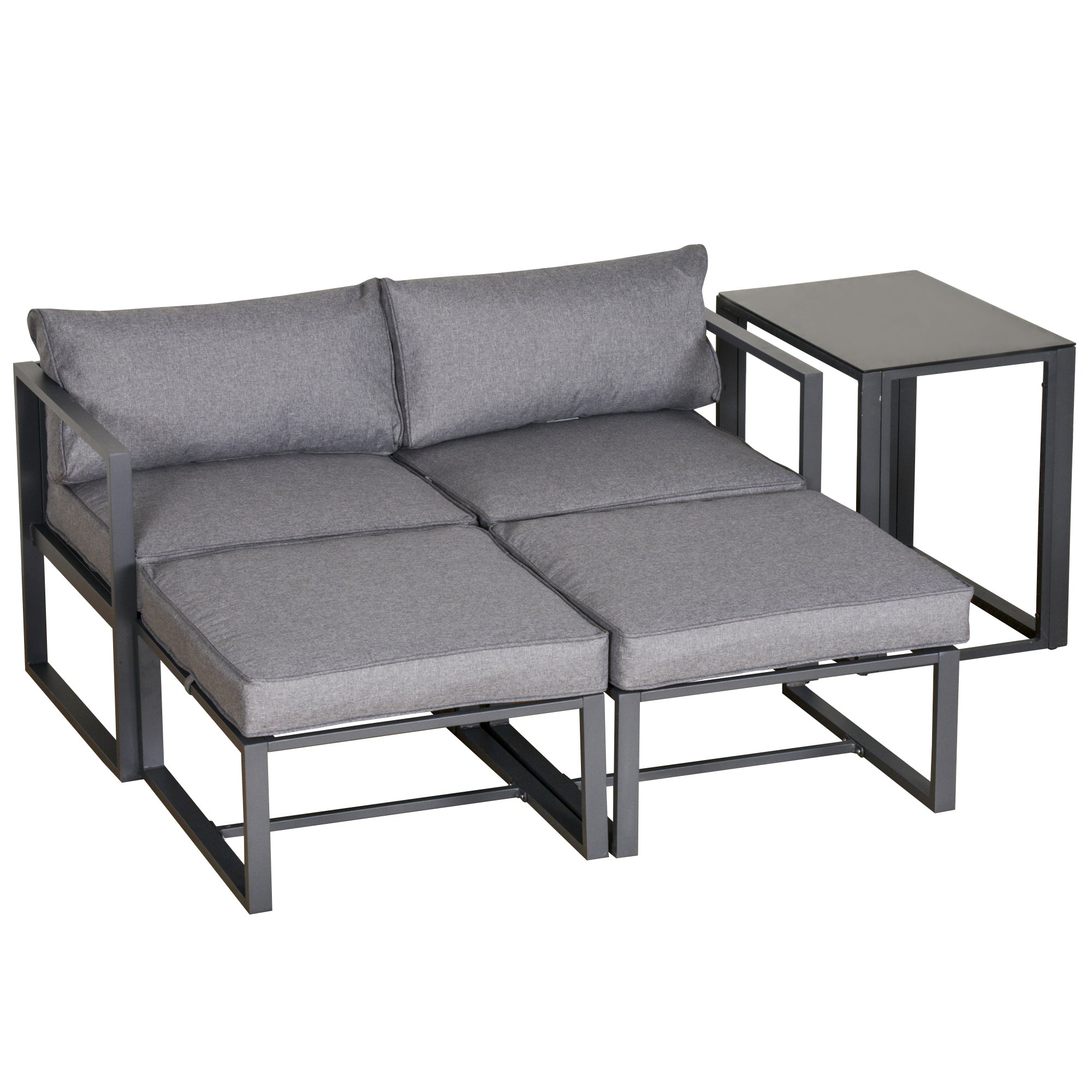 Outsunny 5 Piece Garden Aluminium Conversation Sofa Set Patio Furniture Set Outdoor 2 Sofas 2 Footstools End Table with Cushions - North Peak Garden Furniture